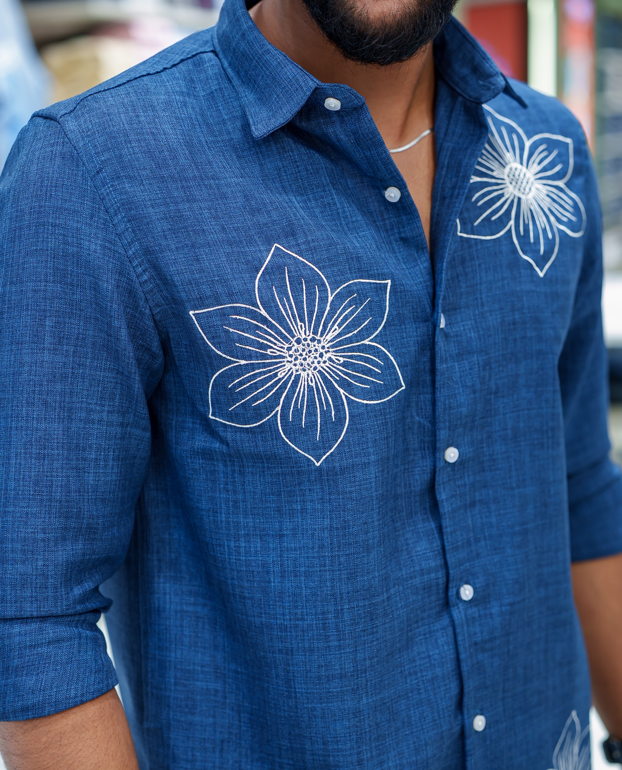 Navy Blue Linen Blended Casual Shirt, Elevated with Heathered Base and Floral Thread Embroidery, Featuring a Spread Collar, Full-Sleeves, Slim Fit, and Regular Length