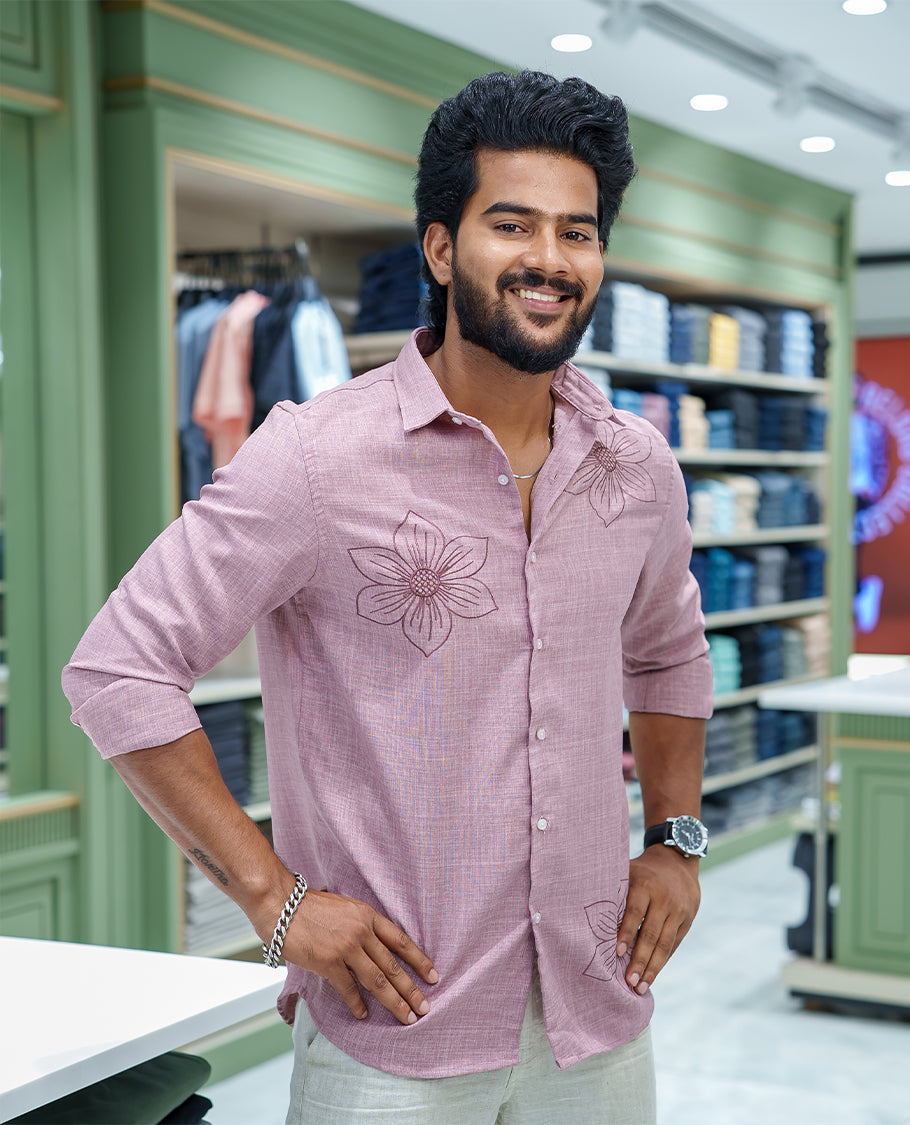 Pink Linen Blended Casual Shirt, Subtly Sparkled with Heathered Base and Floral Thread Embroidery, Featuring a Spread Collar, Full-Sleeves, Slim Fit, and Regular Length