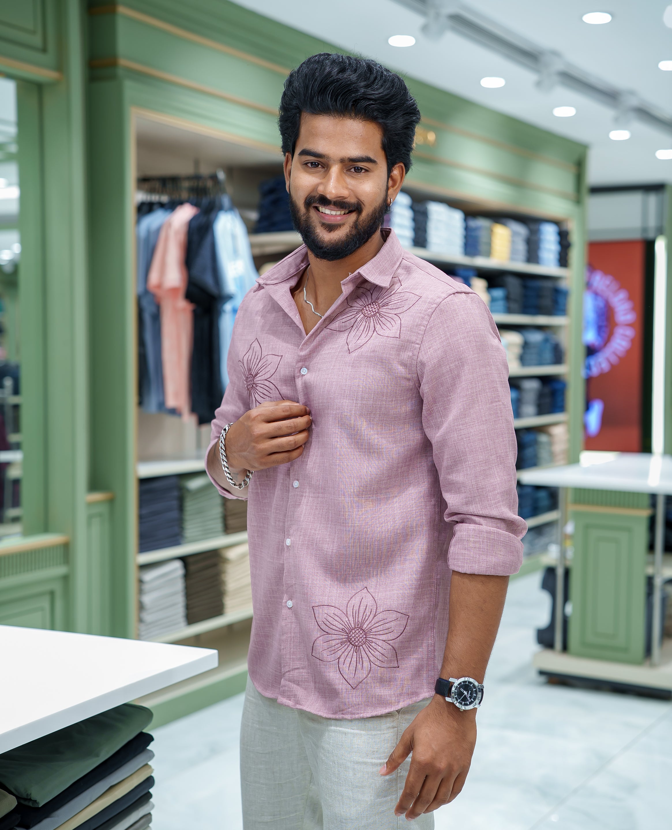 Pink Linen Blended Casual Shirt, Subtly Sparkled with Heathered Base and Floral Thread Embroidery, Featuring a Spread Collar, Full-Sleeves, Slim Fit, and Regular Length