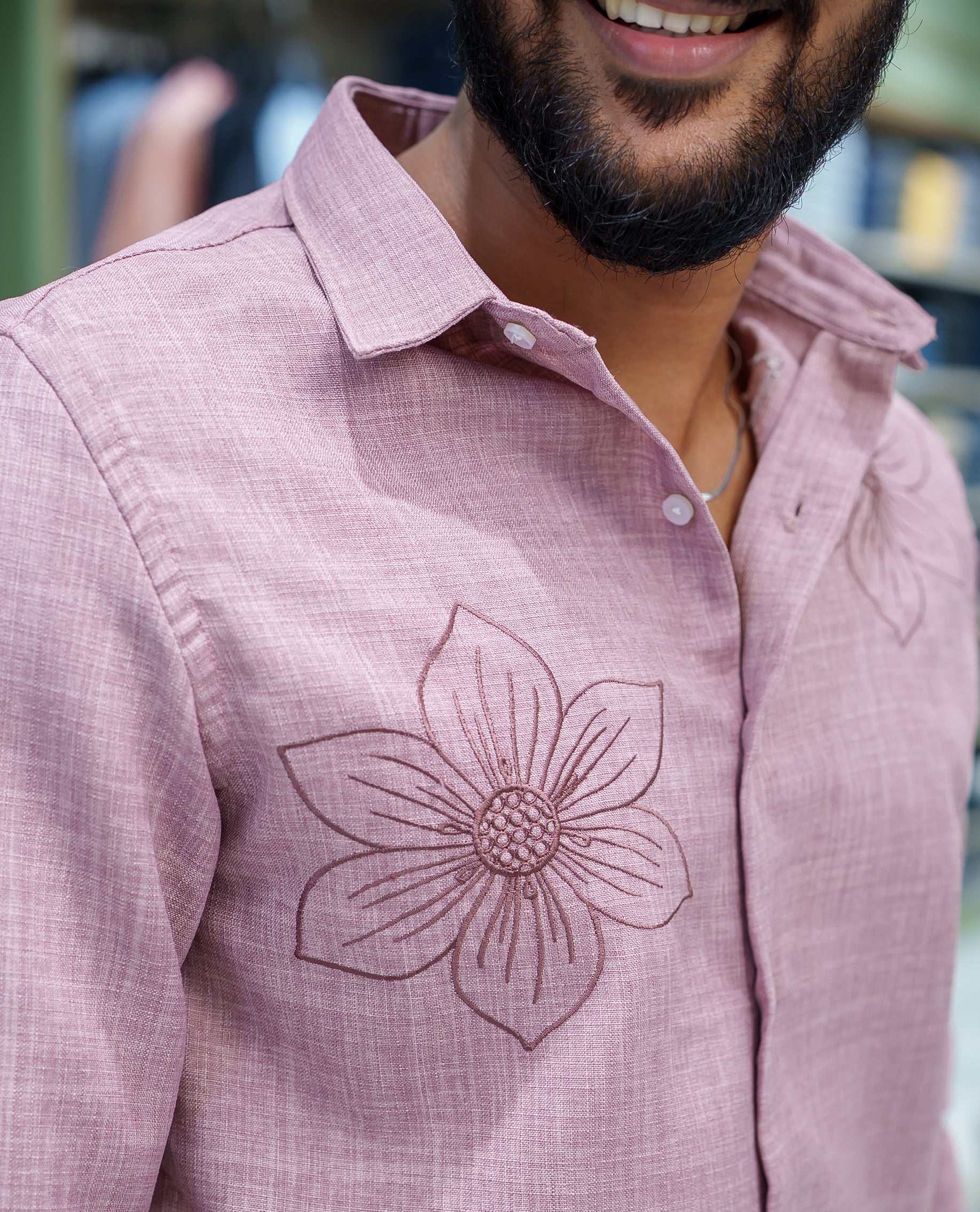 Pink Linen Blended Casual Shirt, Subtly Sparkled with Heathered Base and Floral Thread Embroidery, Featuring a Spread Collar, Full-Sleeves, Slim Fit, and Regular Length