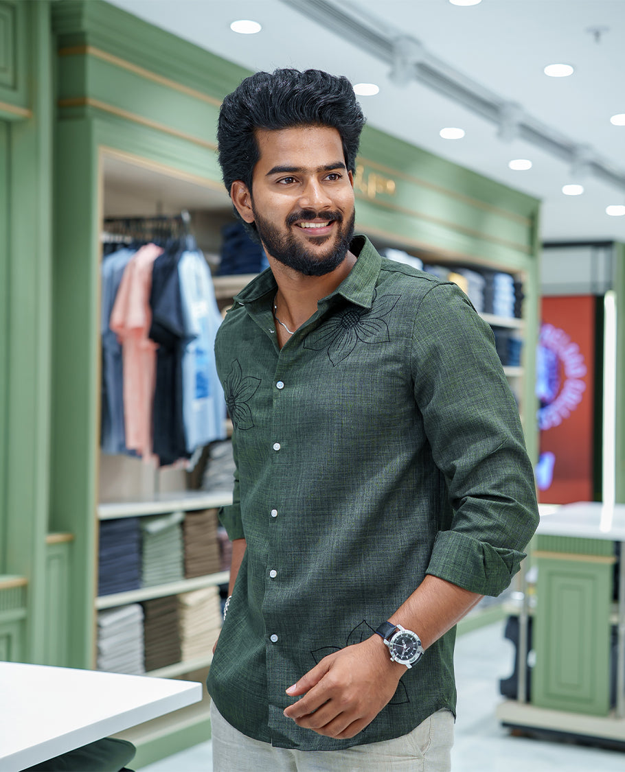 Dark Green Linen Blended Casual Shirt, Accentuated with Heathered Base and Floral Thread Embroidery, Featuring a Spread Collar, Full-Sleeves, Slim Fit, and Regular Length