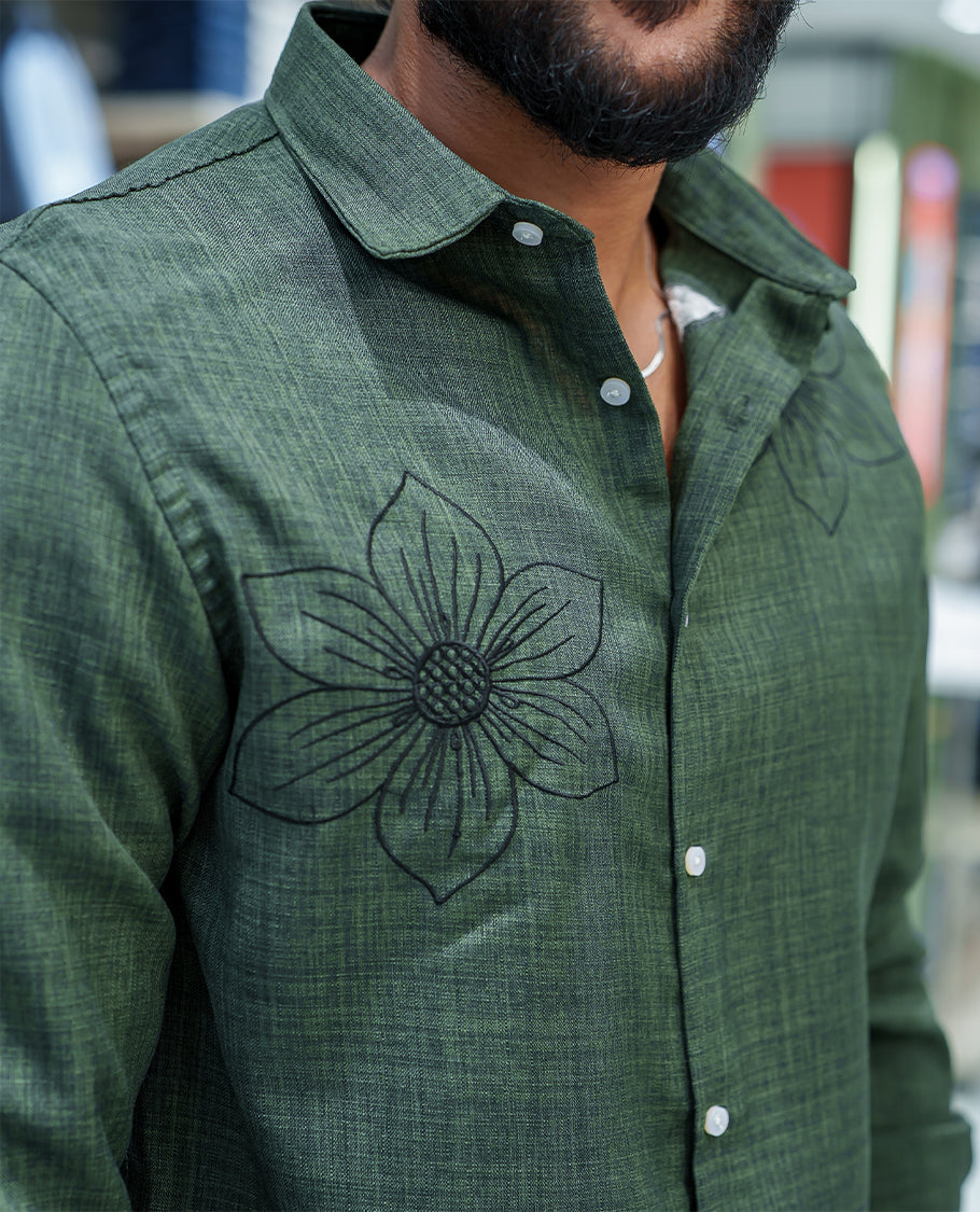 Dark Green Linen Blended Casual Shirt, Accentuated with Heathered Base and Floral Thread Embroidery, Featuring a Spread Collar, Full-Sleeves, Slim Fit, and Regular Length