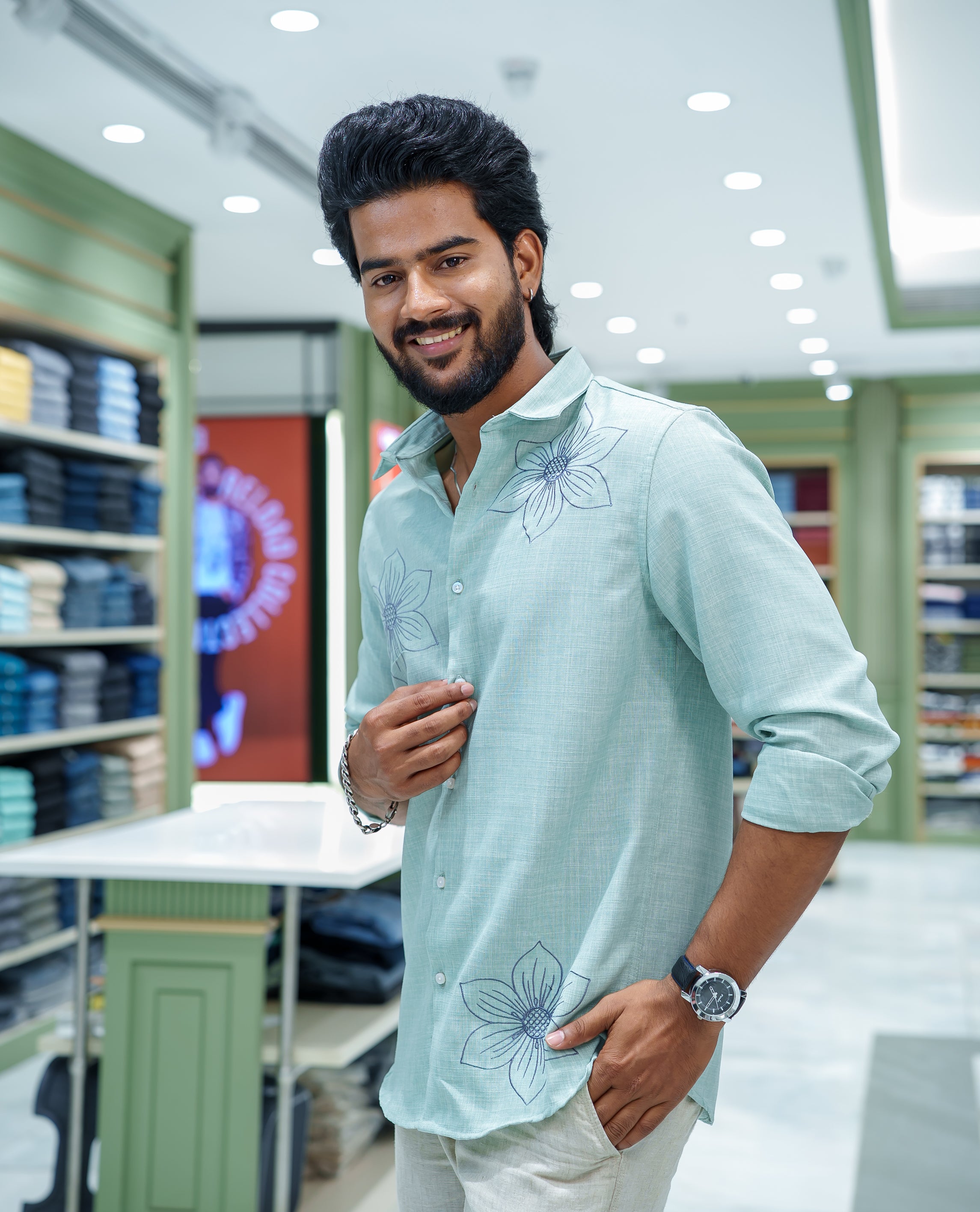Pista Green Linen Blended Casual Shirt, Decked Up with Heathered Base and Floral Thread Embroidery, Featuring a Spread Collar, Full-Sleeves, Slim Fit, and Regular Length