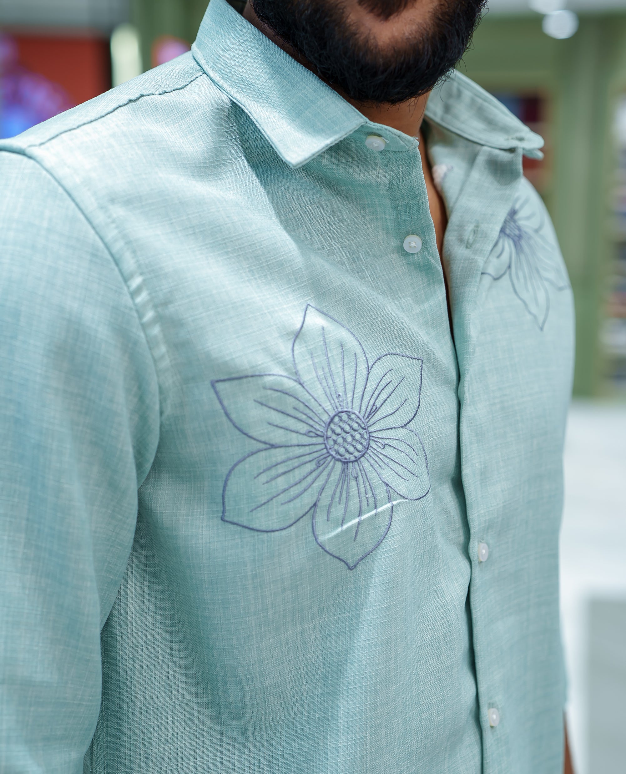 Pista Green Linen Blended Casual Shirt, Decked Up with Heathered Base and Floral Thread Embroidery, Featuring a Spread Collar, Full-Sleeves, Slim Fit, and Regular Length