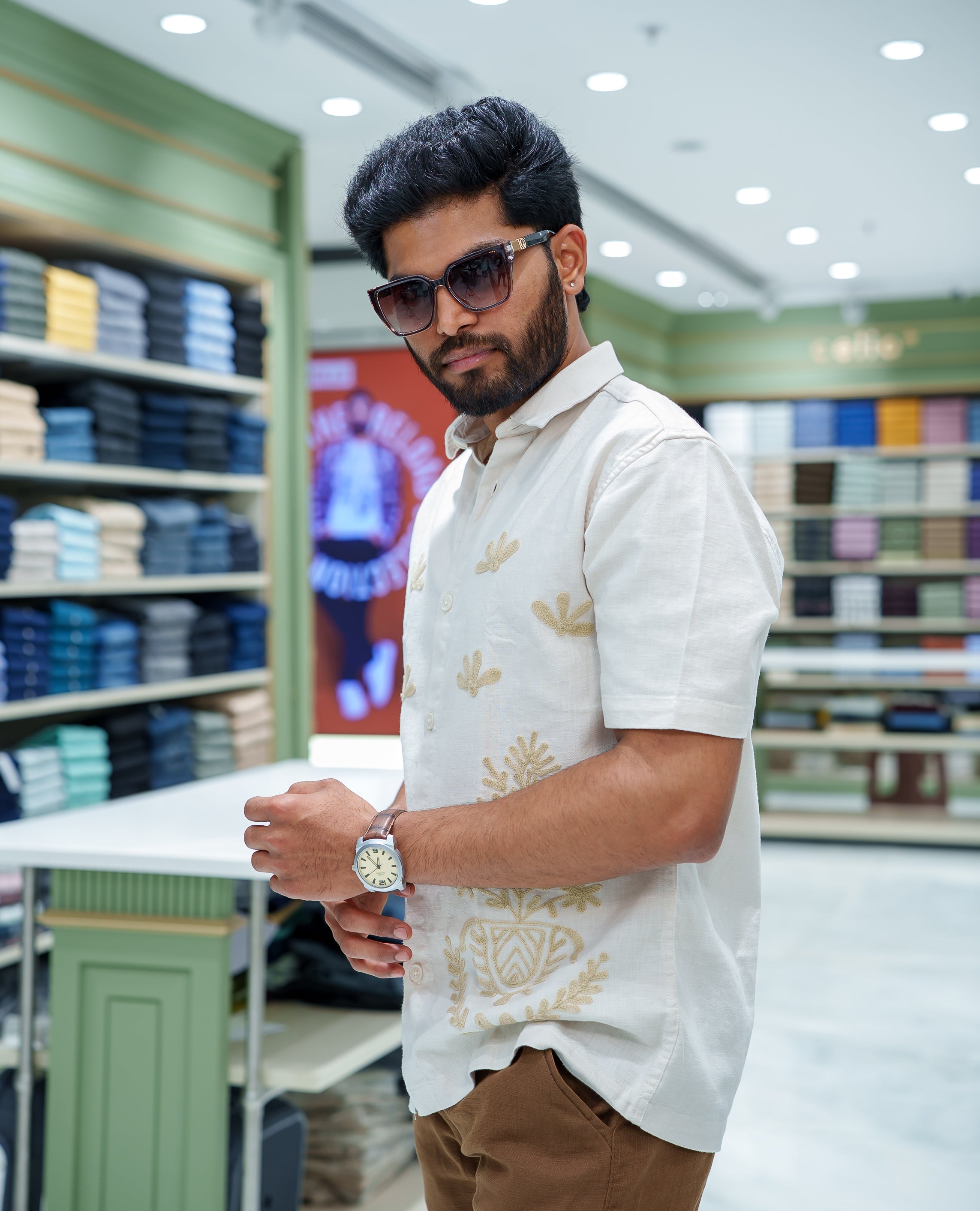 Cream Cotton-Blended Casual Shirt, Enthralled with Floral-Themed Crochet Embroidery, Featuring a Spread Collar, Half Sleeves, Regular Fit, and Regular Length