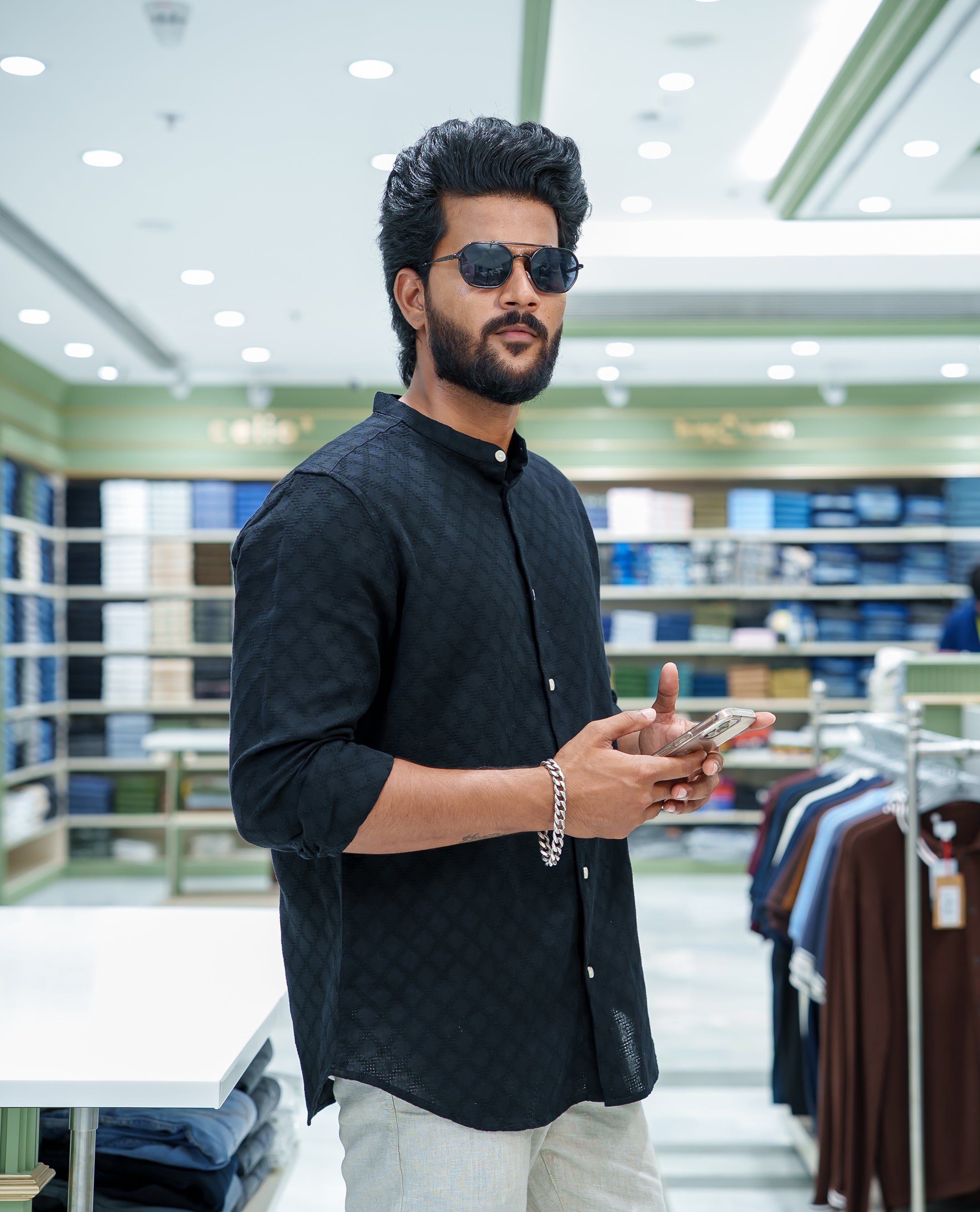 Black Cotton Blended Casual Shirt, Subtly Sparkled with Diamond-Patterns Texture, Featuring a Mandarin Collar, Full Sleeves, Slim Fit, and Regular Length