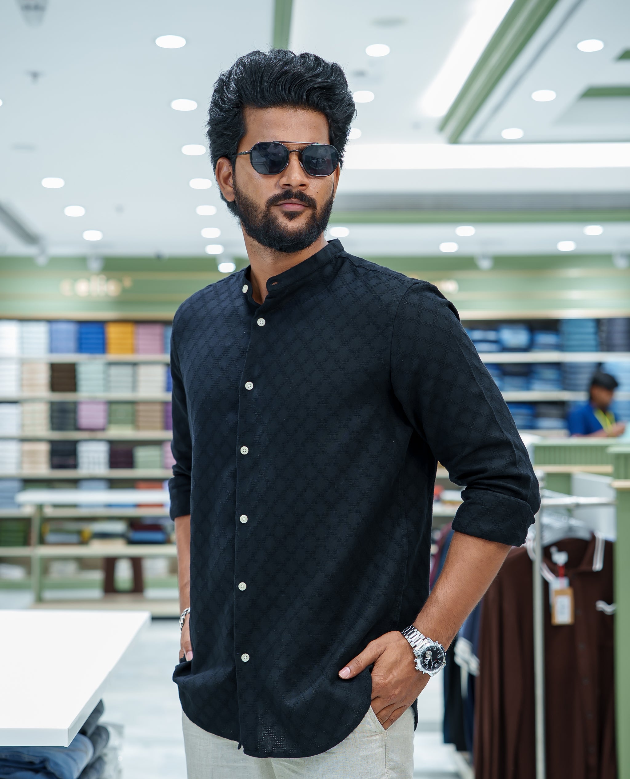 Black Cotton Blended Casual Shirt, Subtly Sparkled with Diamond-Patterns Texture, Featuring a Mandarin Collar, Full Sleeves, Slim Fit, and Regular Length