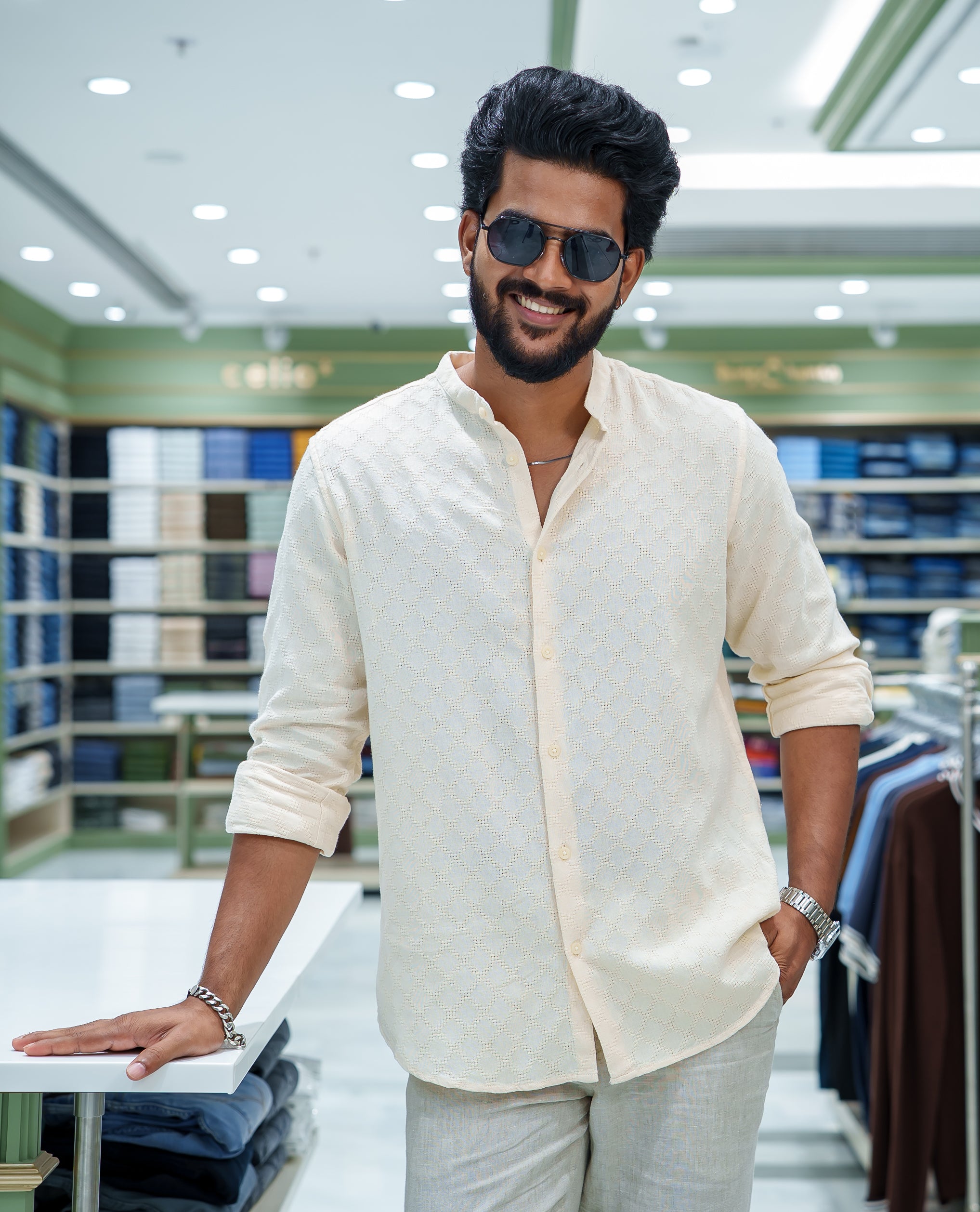 Cream Cotton Blended Casual Shirt, Subtly Sparkled with Diamond-Patterns Texture, Featuring a Mandarin Collar, Full Sleeves, Slim Fit, and Regular Length