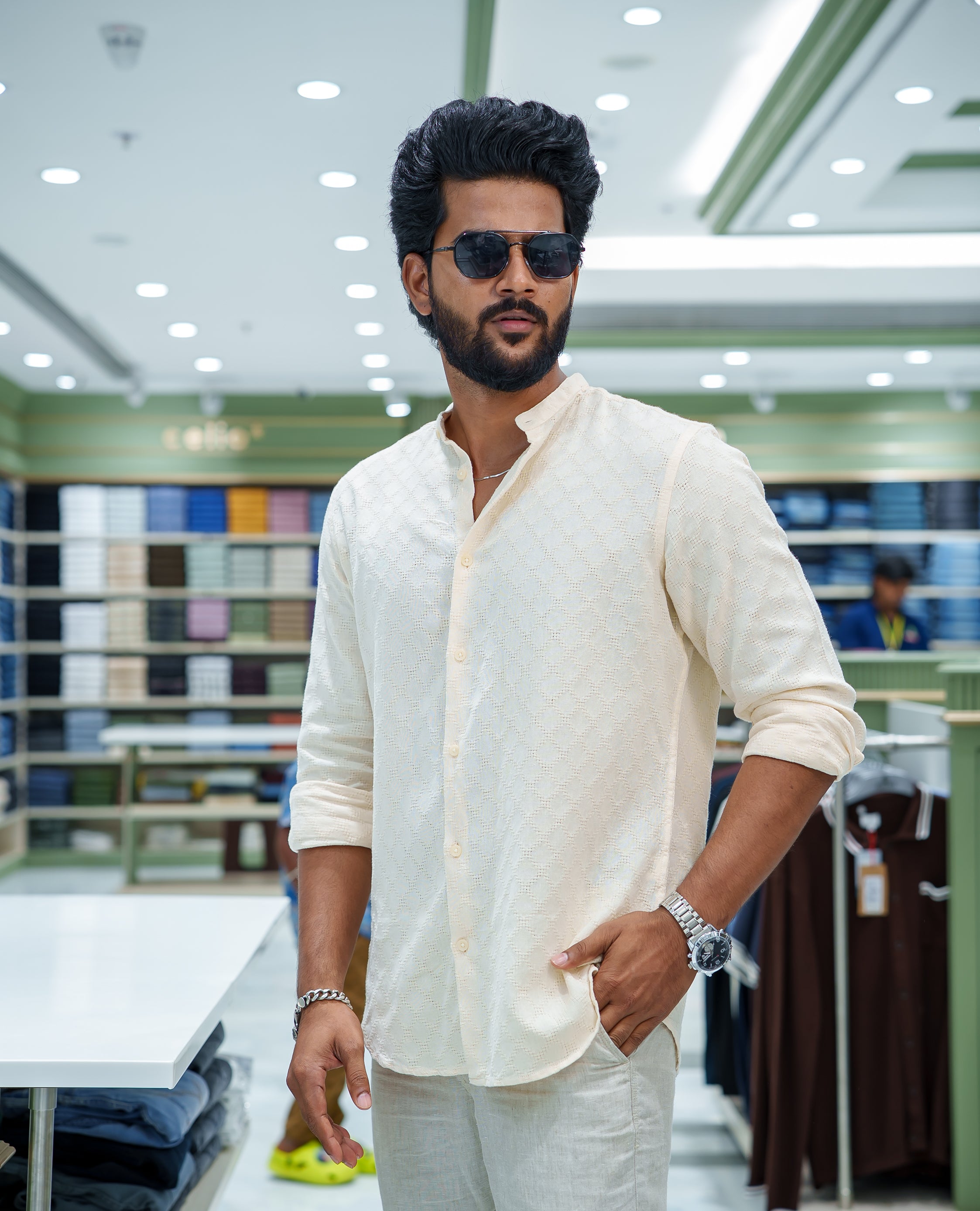 Cream Cotton Blended Casual Shirt, Subtly Sparkled with Diamond-Patterns Texture, Featuring a Mandarin Collar, Full Sleeves, Slim Fit, and Regular Length