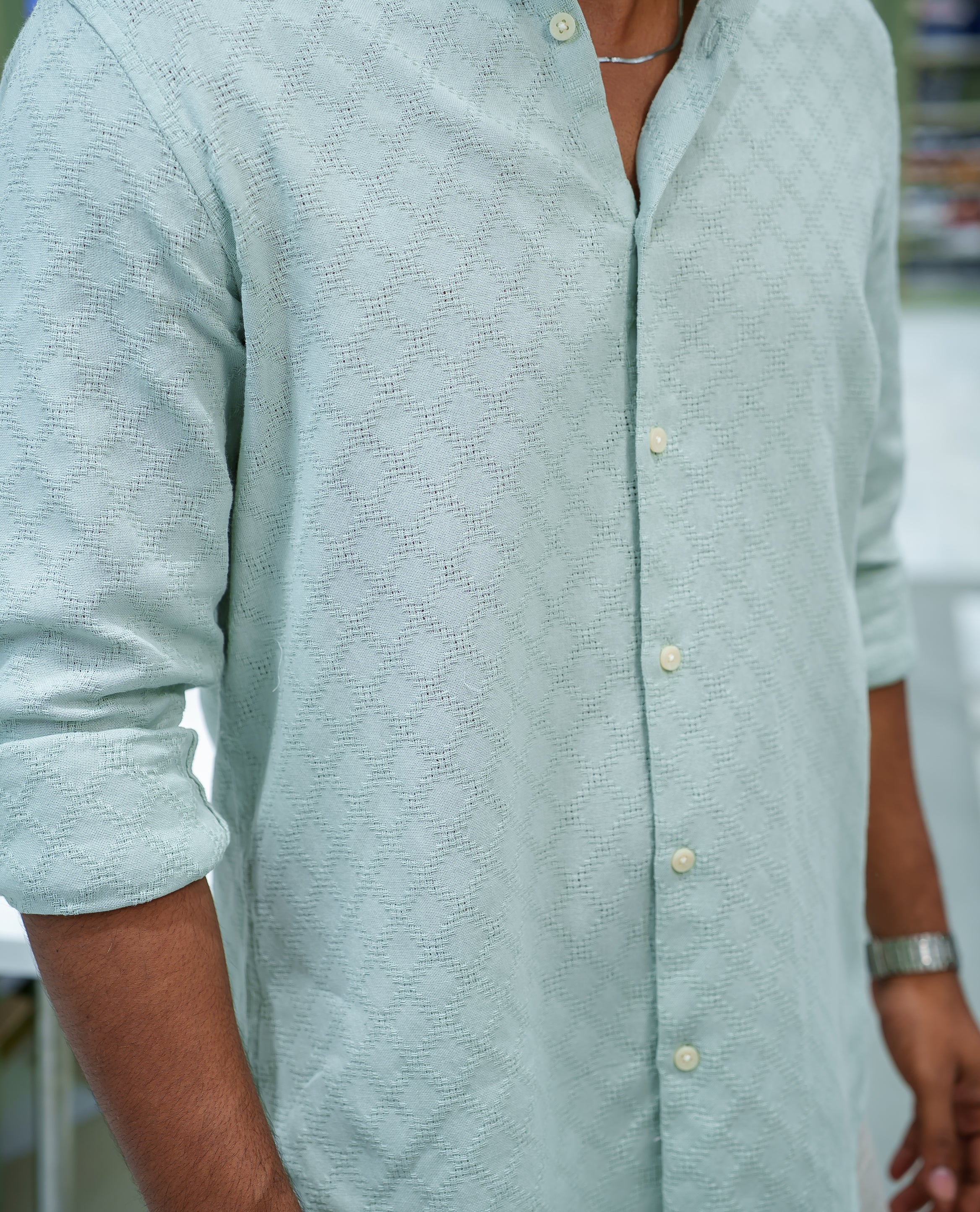 Light Green Cotton Blended Casual Shirt, Subtly Sparkled with Diamond-Patterns Texture, Featuring a Mandarin Collar, Full Sleeves, Slim Fit, and Regular Length
