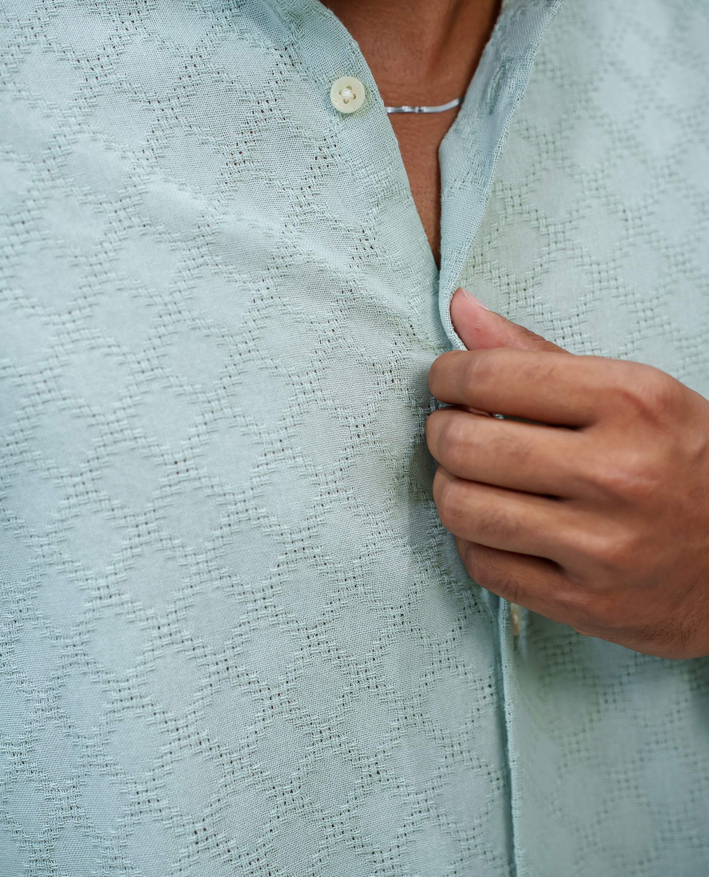 Light Green Cotton Blended Casual Shirt, Subtly Sparkled with Diamond-Patterns Texture, Featuring a Mandarin Collar, Full Sleeves, Slim Fit, and Regular Length