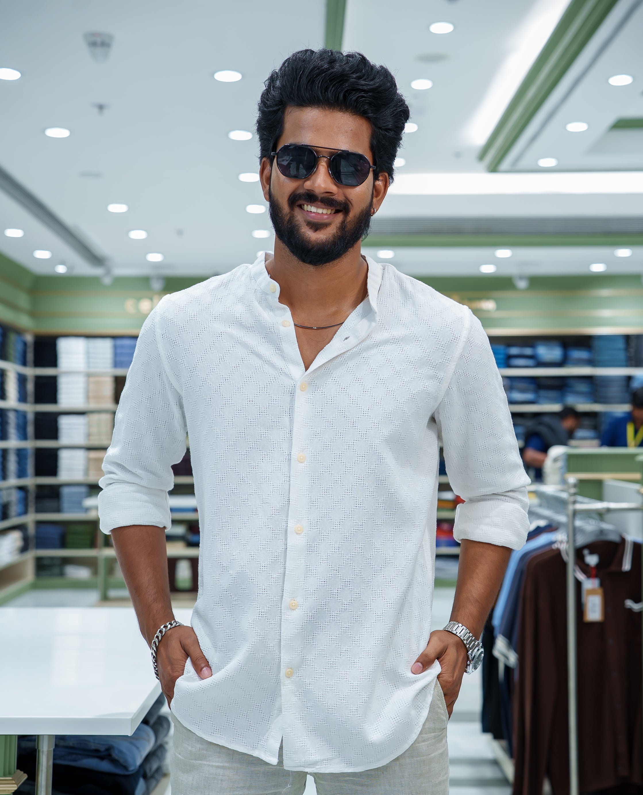 White Cotton Blended Casual Shirt, Subtly Sparkled with Diamond-Patterns Texture, Featuring a Mandarin Collar, Full Sleeves, Slim Fit, and Regular Length