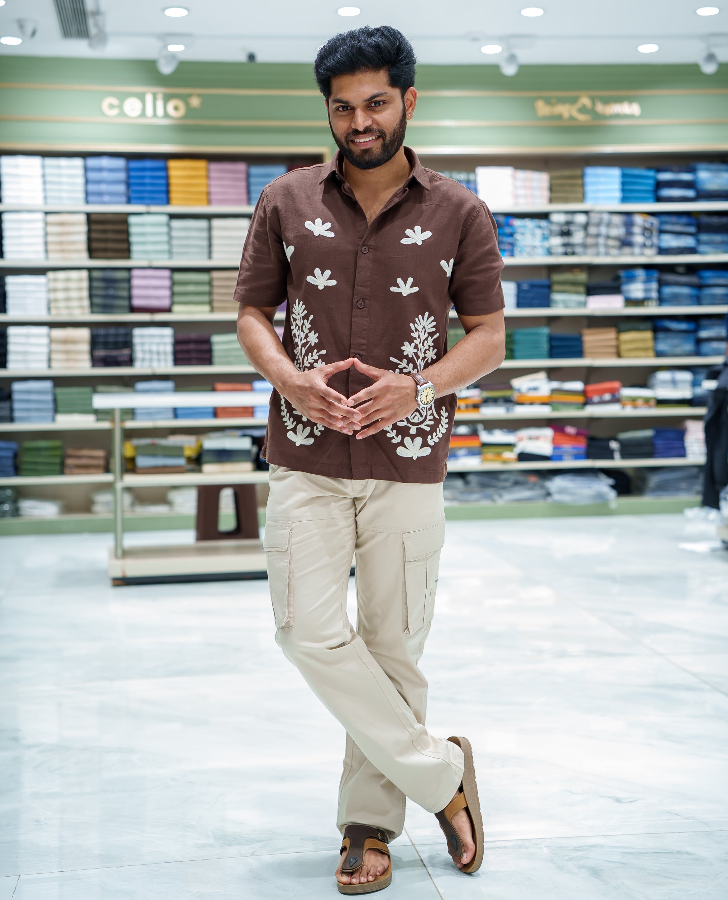 Brown Cotton-Blended Casual Shirt, Beautified with Floral-Themed Crochet Embroidery, Featuring a Spread Collar, Half Sleeves, Regular Fit, and Regular Length