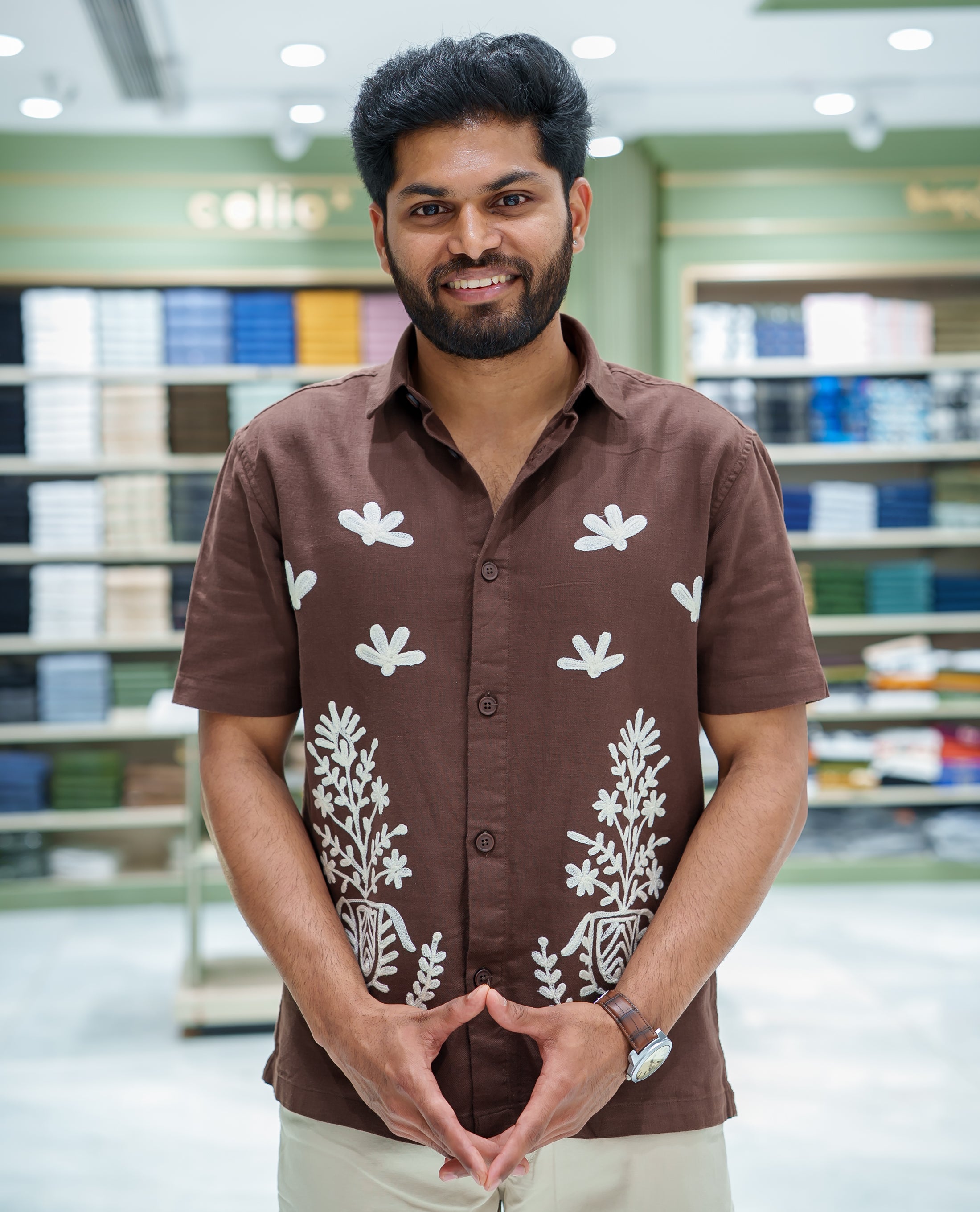 Brown Cotton-Blended Casual Shirt, Beautified with Floral-Themed Crochet Embroidery, Featuring a Spread Collar, Half Sleeves, Regular Fit, and Regular Length