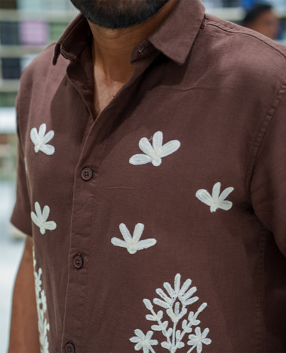 Brown Cotton-Blended Casual Shirt, Beautified with Floral-Themed Crochet Embroidery, Featuring a Spread Collar, Half Sleeves, Regular Fit, and Regular Length