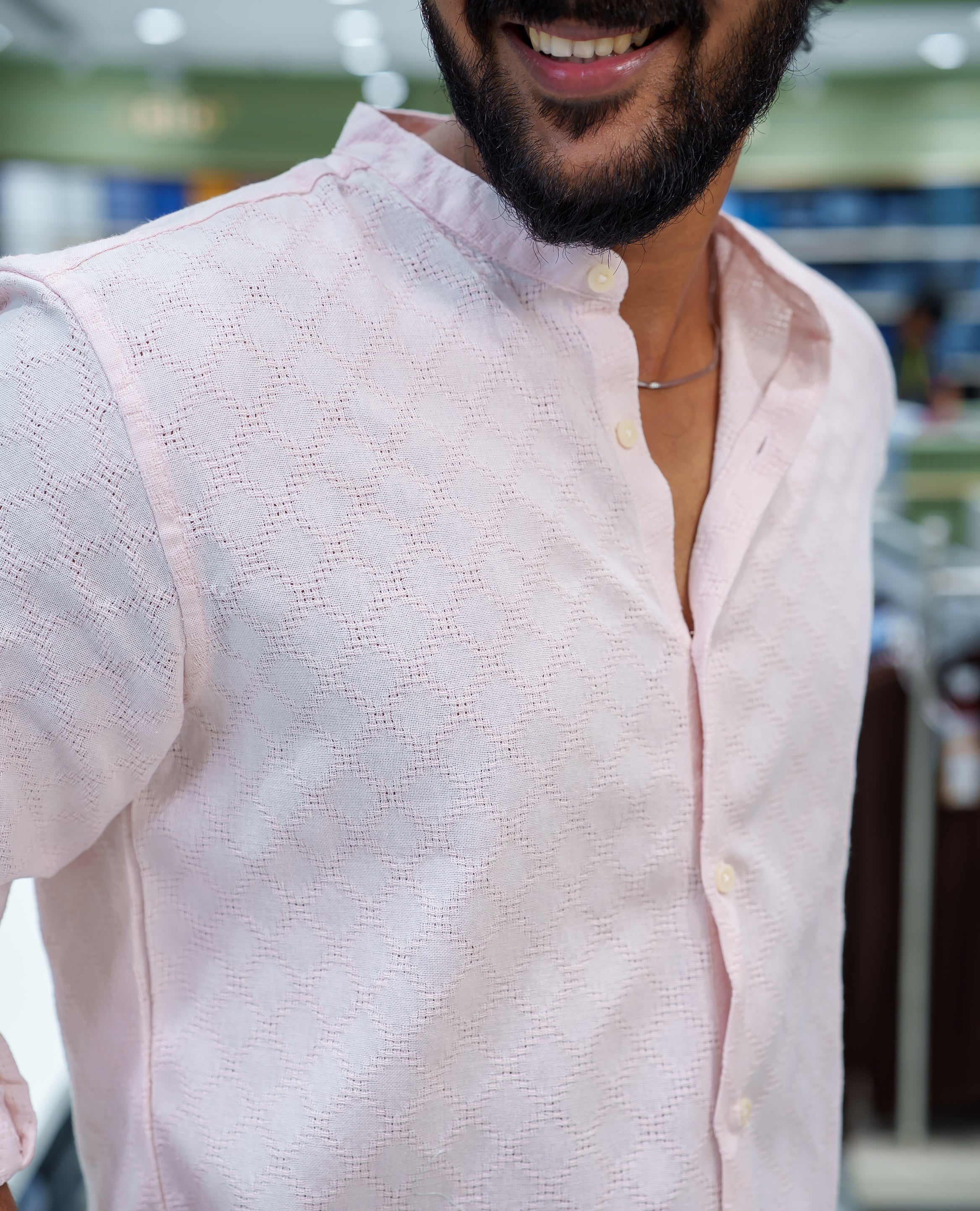 Pink Cotton Blended Casual Shirt, Subtly Sparkled with Diamond-Patterns Texture, Featuring a Mandarin Collar, Full Sleeves, Slim Fit, and Regular Length