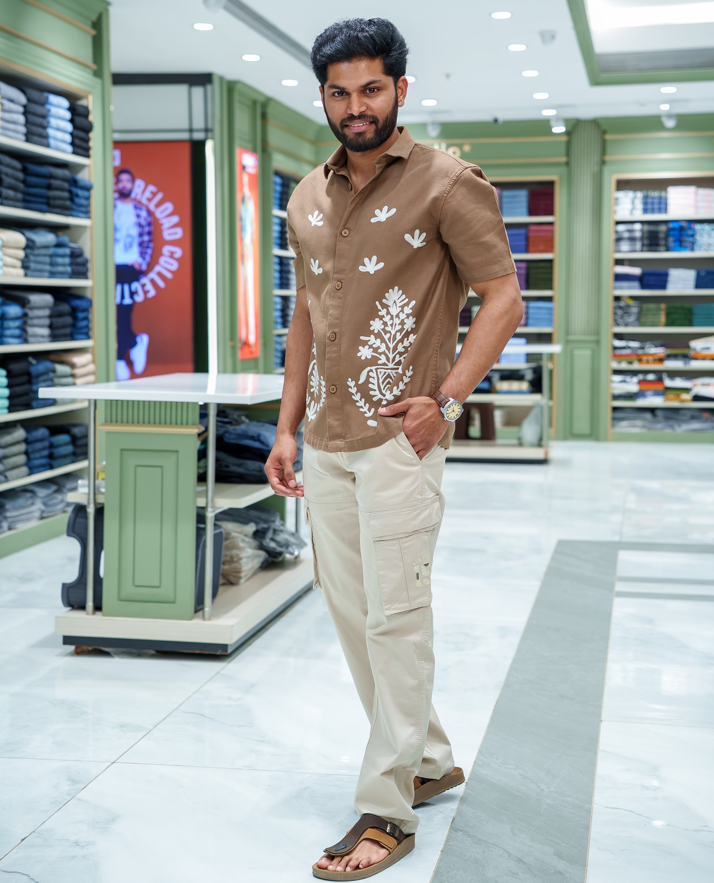 Khaki Cotton-Blended Casual Shirt, Prettified with Floral-Themed Crochet Embroidery, Featuring a Spread Collar, Half Sleeves, Regular Fit, and Regular Length