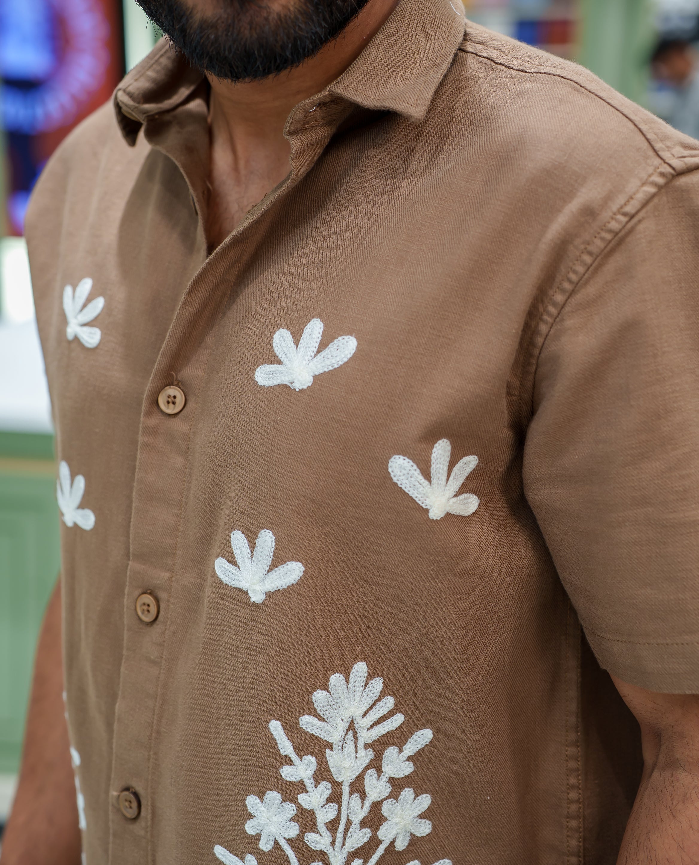 Khaki Cotton-Blended Casual Shirt, Prettified with Floral-Themed Crochet Embroidery, Featuring a Spread Collar, Half Sleeves, Regular Fit, and Regular Length