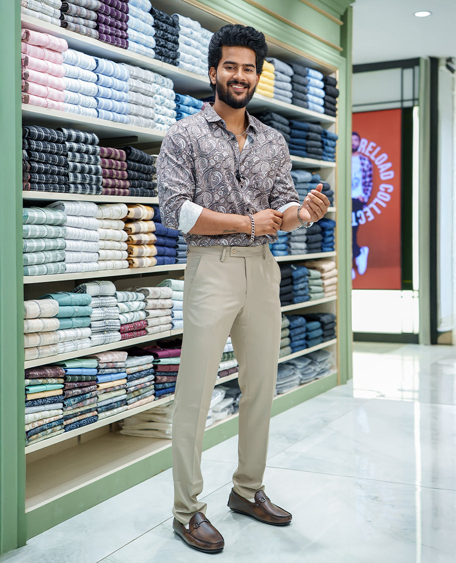 Grey Cotton Blended Casual Shirt, Printed with Intricate Motifs, Featuring a Spread Collar, Full Sleeves, Slim Fit, and Regular Length