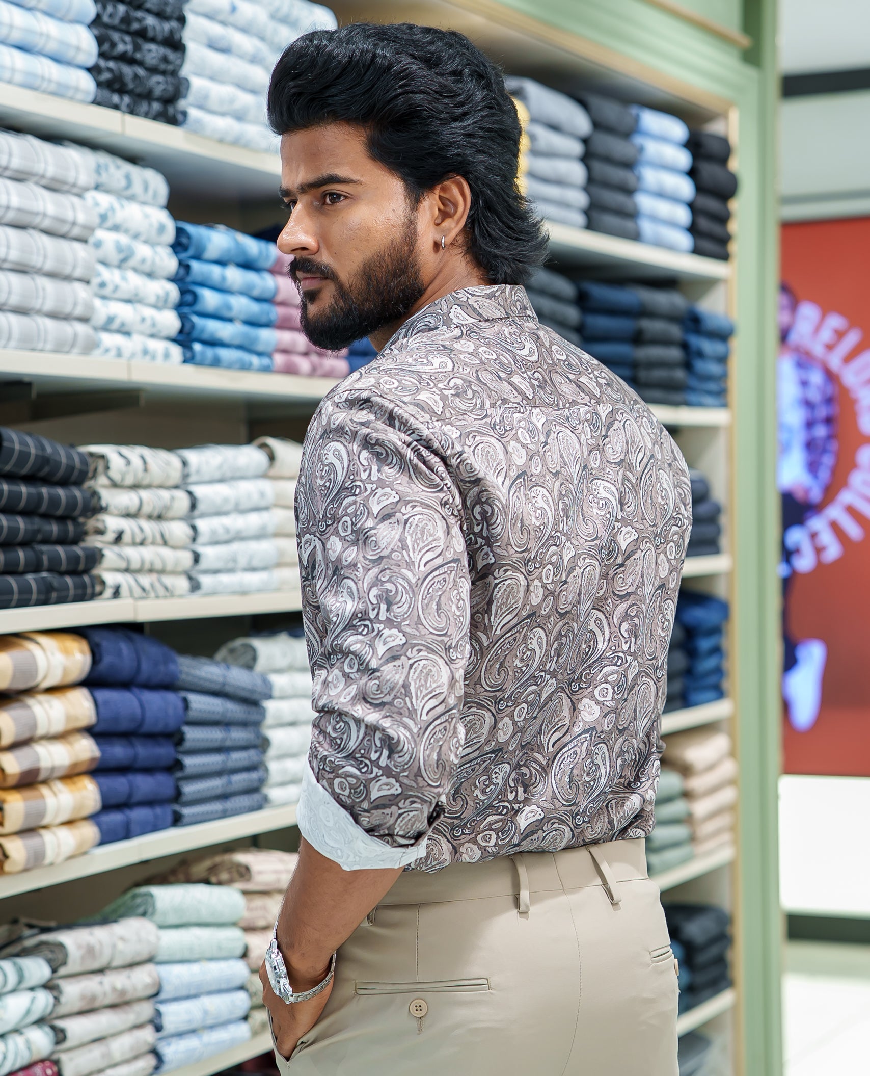 Grey Cotton Blended Casual Shirt, Printed with Intricate Motifs, Featuring a Spread Collar, Full Sleeves, Slim Fit, and Regular Length