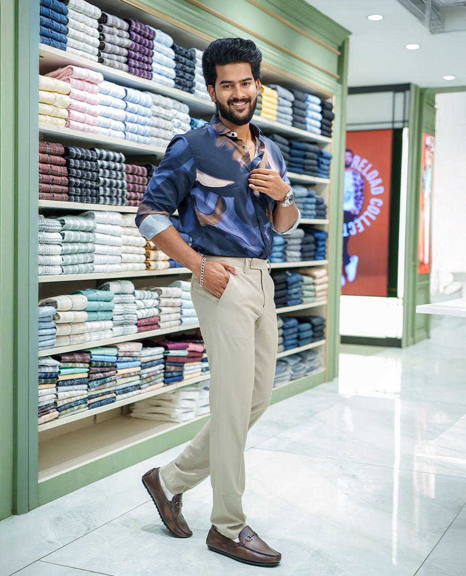 Blue Cotton Blended Casual Shirt, Creatively Designed with Abstract Prints, Featuring a Spread Collar, Full Sleeves, Slim Fit, and Regular Length