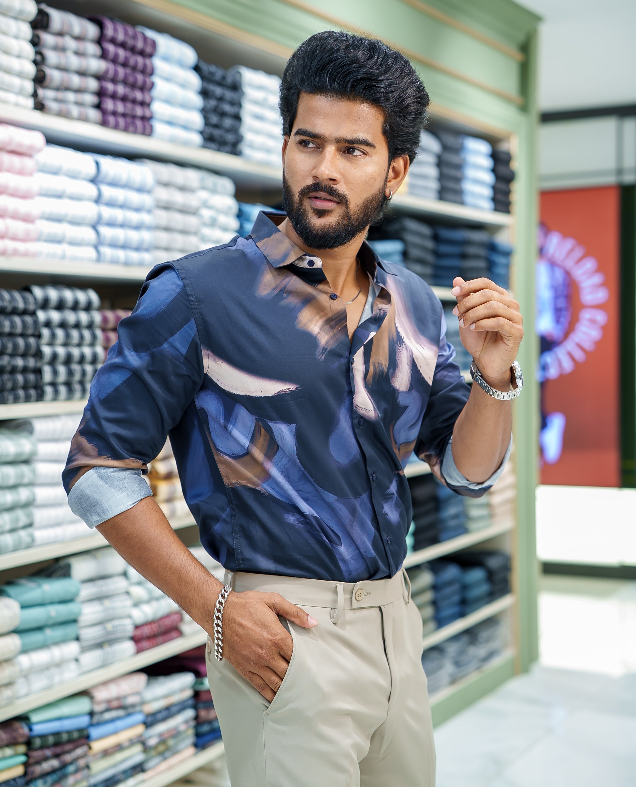 Blue Cotton Blended Casual Shirt, Creatively Designed with Abstract Prints, Featuring a Spread Collar, Full Sleeves, Slim Fit, and Regular Length