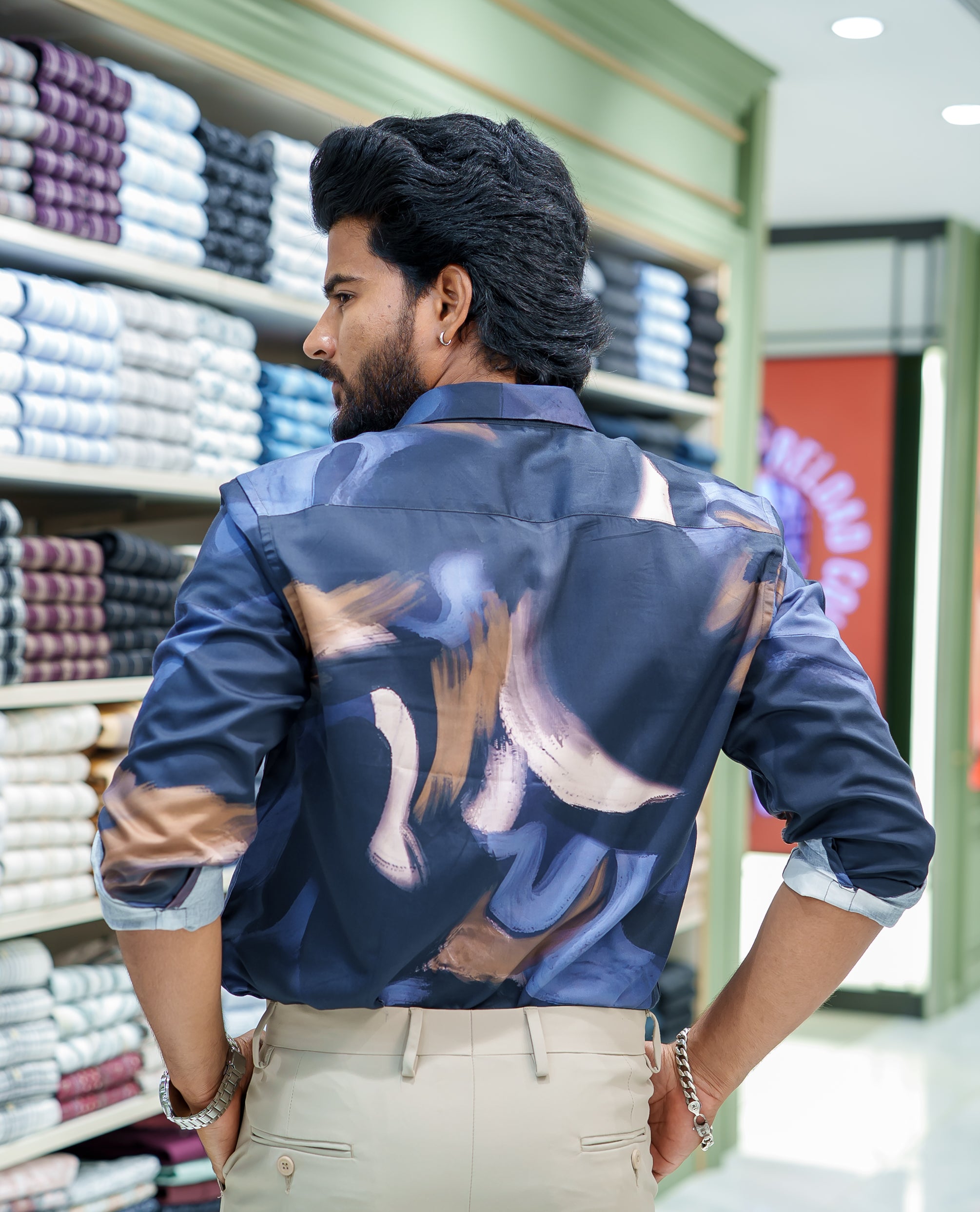 Blue Cotton Blended Casual Shirt, Creatively Designed with Abstract Prints, Featuring a Spread Collar, Full Sleeves, Slim Fit, and Regular Length