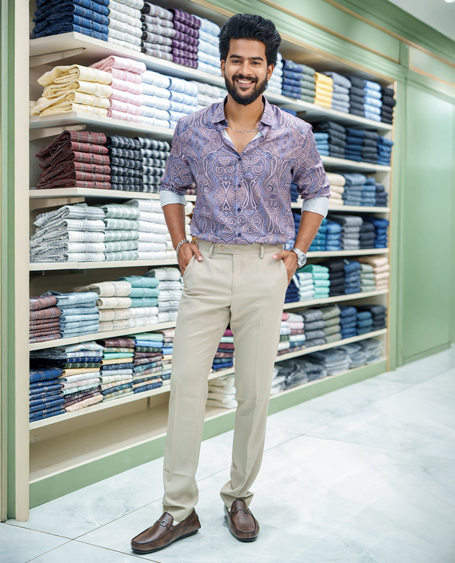 Blue Cotton Blended Casual Shirt, Meticulously Crafted with Mughal-Style Intricate Prints, Featuring a Spread Collar, Full Sleeves, Slim Fit, and Regular Length
