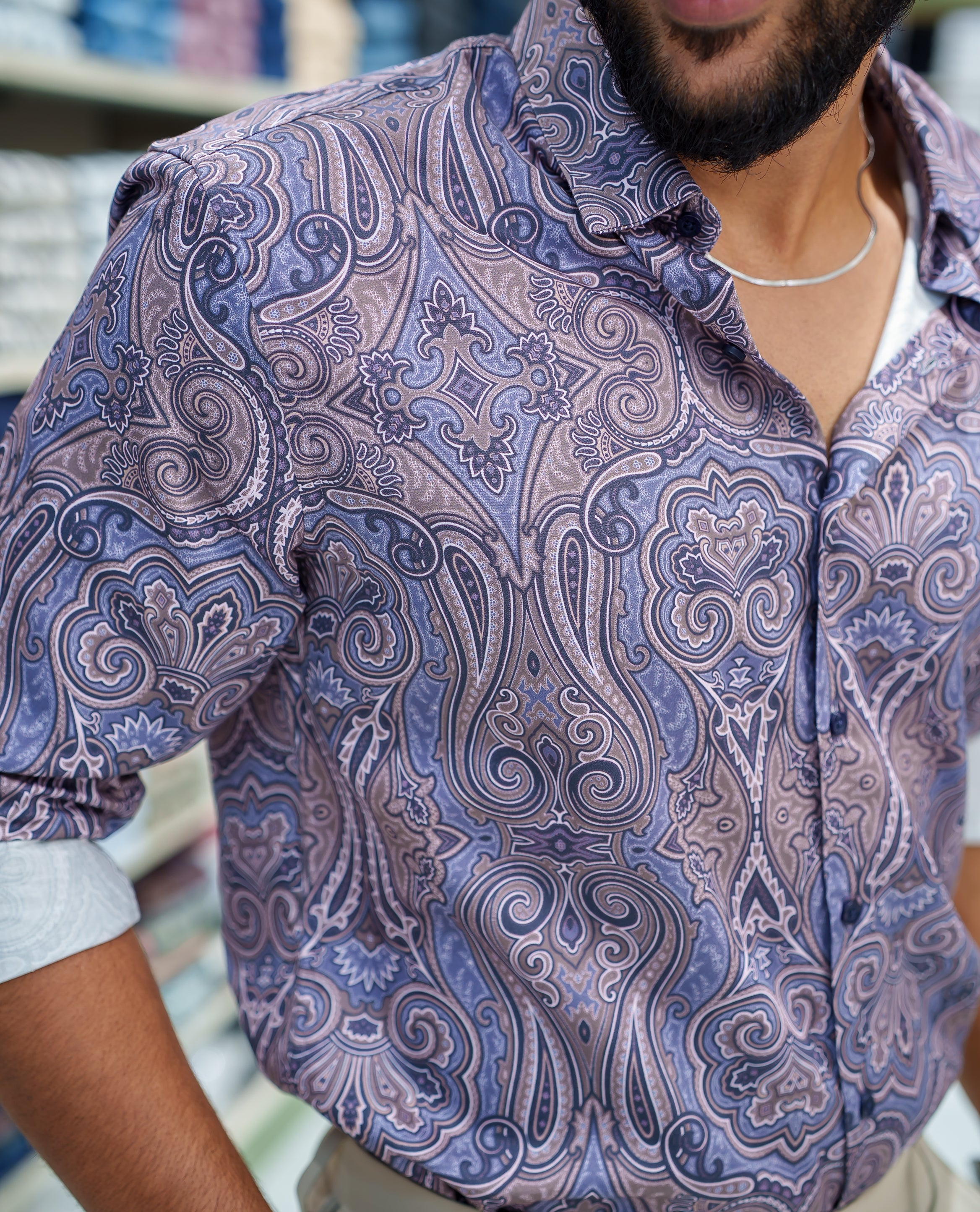Blue Cotton Blended Casual Shirt, Meticulously Crafted with Mughal-Style Intricate Prints, Featuring a Spread Collar, Full Sleeves, Slim Fit, and Regular Length