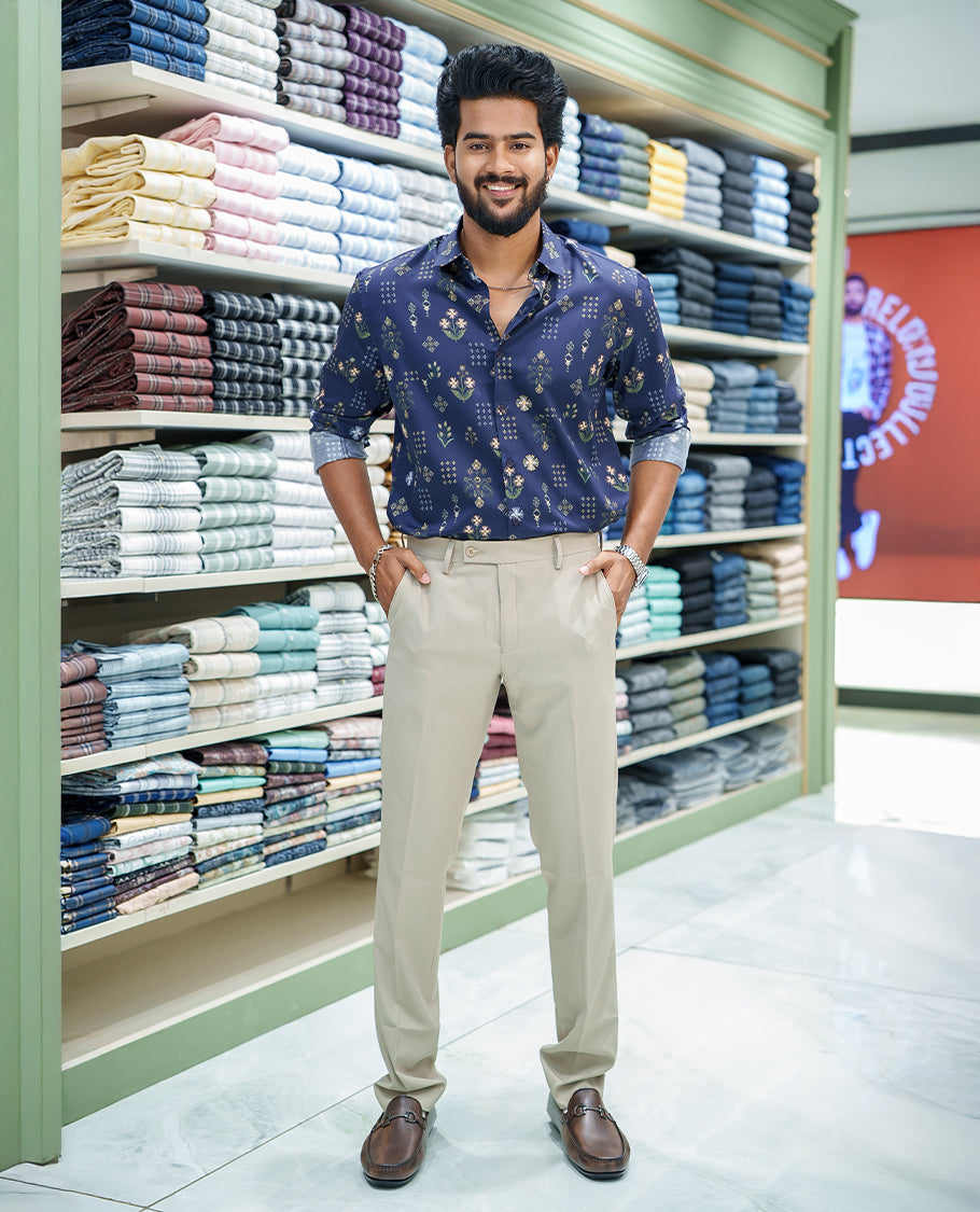 Blue Cotton Blended Casual Shirt, Artfully Detailed with Floral and Diamond Patterns Prints, Featuring a Spread Collar, Full Sleeves, Slim Fit, and Regular Length