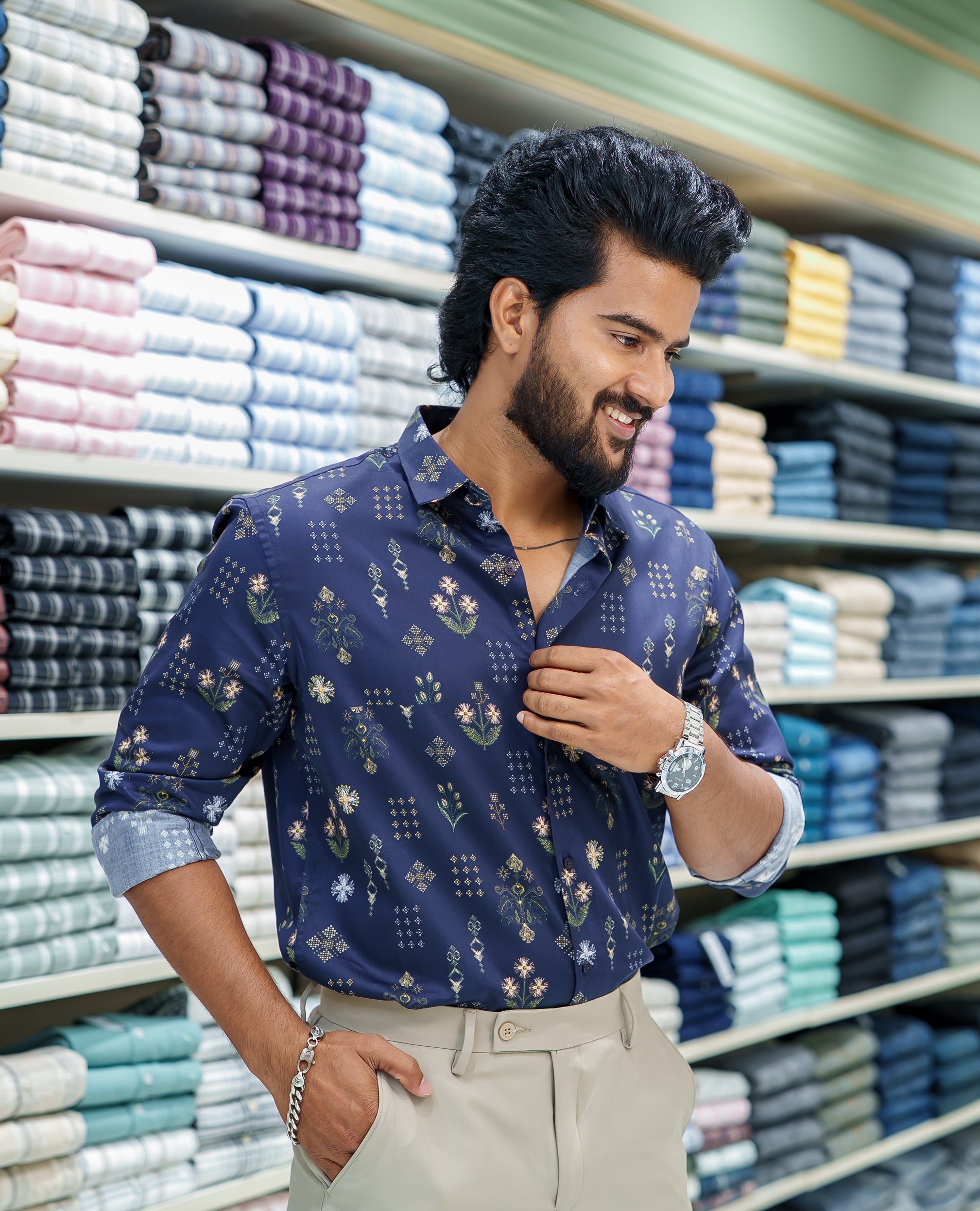 Blue Cotton Blended Casual Shirt, Artfully Detailed with Floral and Diamond Patterns Prints, Featuring a Spread Collar, Full Sleeves, Slim Fit, and Regular Length