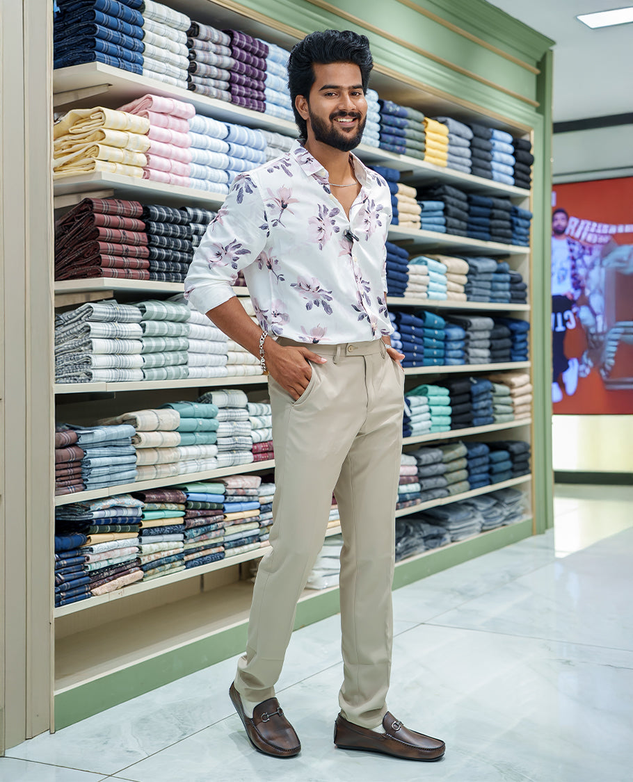 White Cotton Blended Casual Shirt, Elegantly Detailed with Floral Motif Prints, Featuring a Spread Collar, Full Sleeves, Slim Fit, and Regular Length