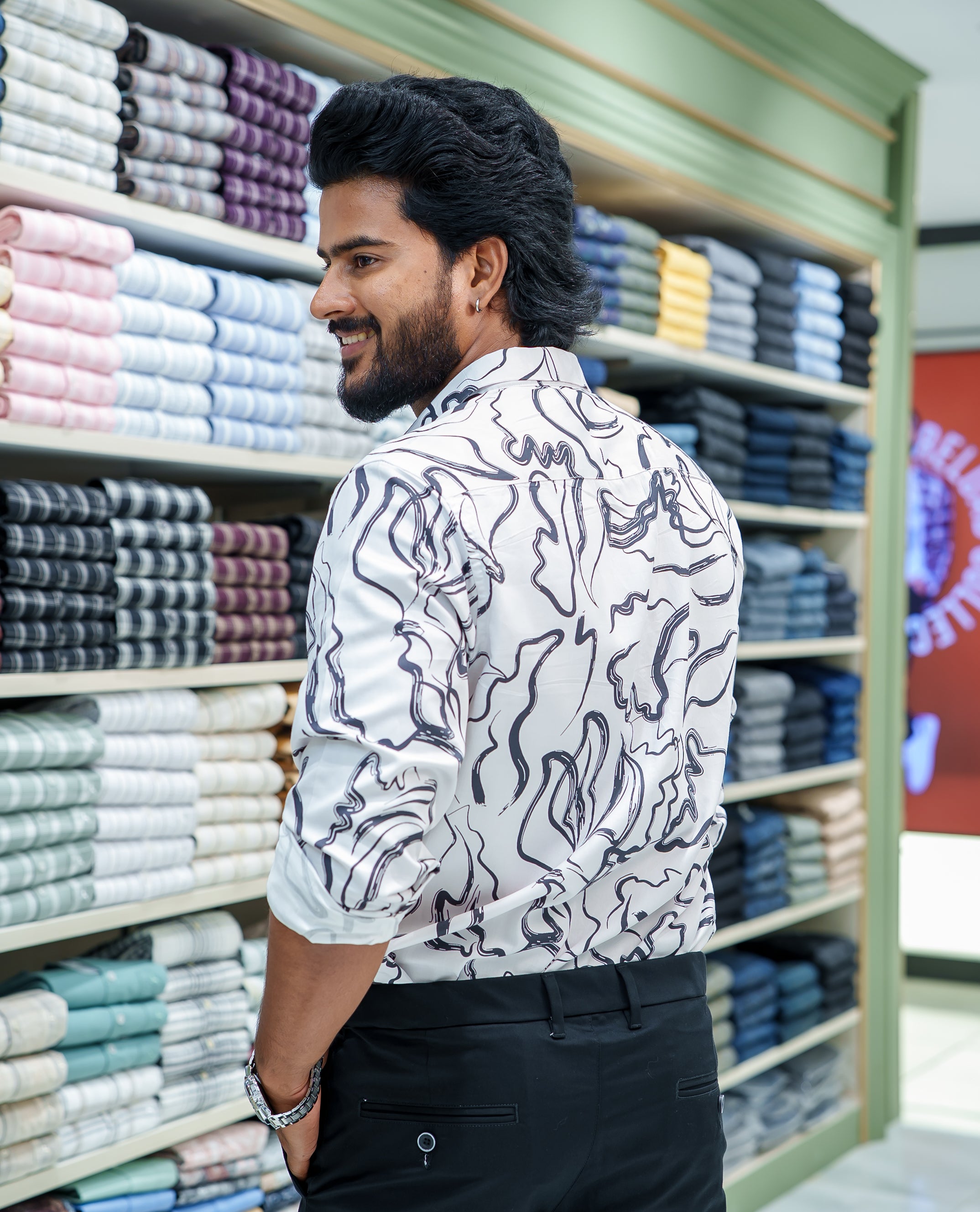 White Cotton Blended Casual Shirt, Gracefully Embellished with Abstract Design Prints, Featuring a Spread Collar, Full Sleeves, Slim Fit, and Regular Length