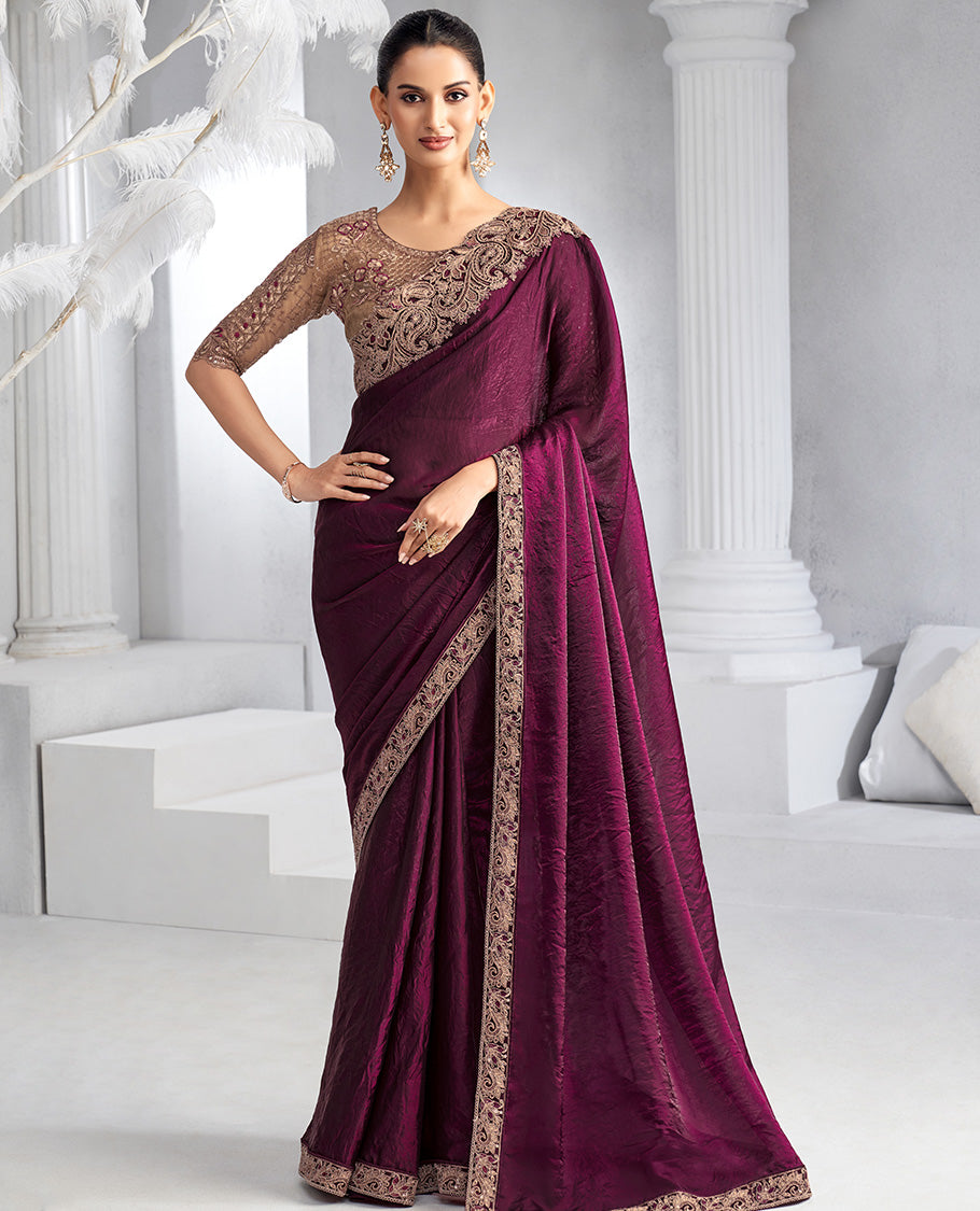 Purple plain designer saree, contrast floral-paisley embroidered scallop border, and self-pallu