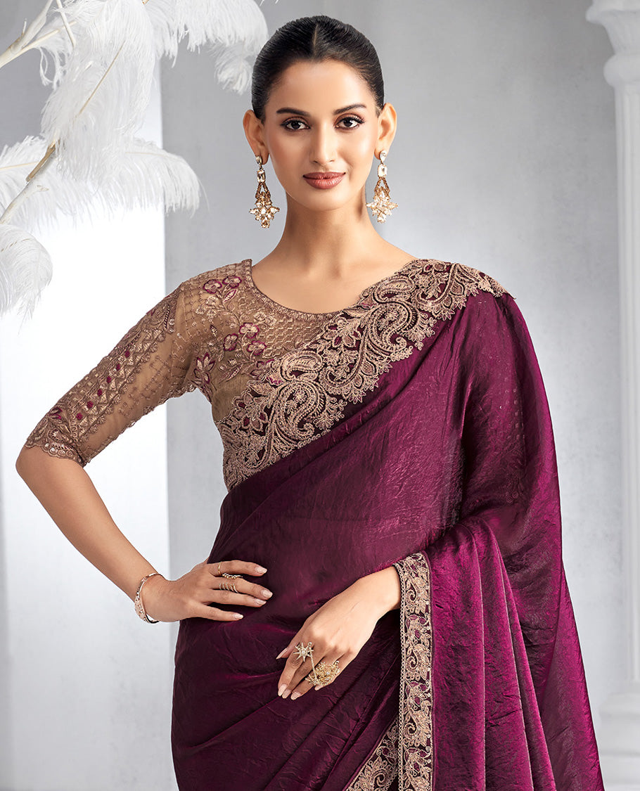 Purple plain designer saree, contrast floral-paisley embroidered scallop border, and self-pallu