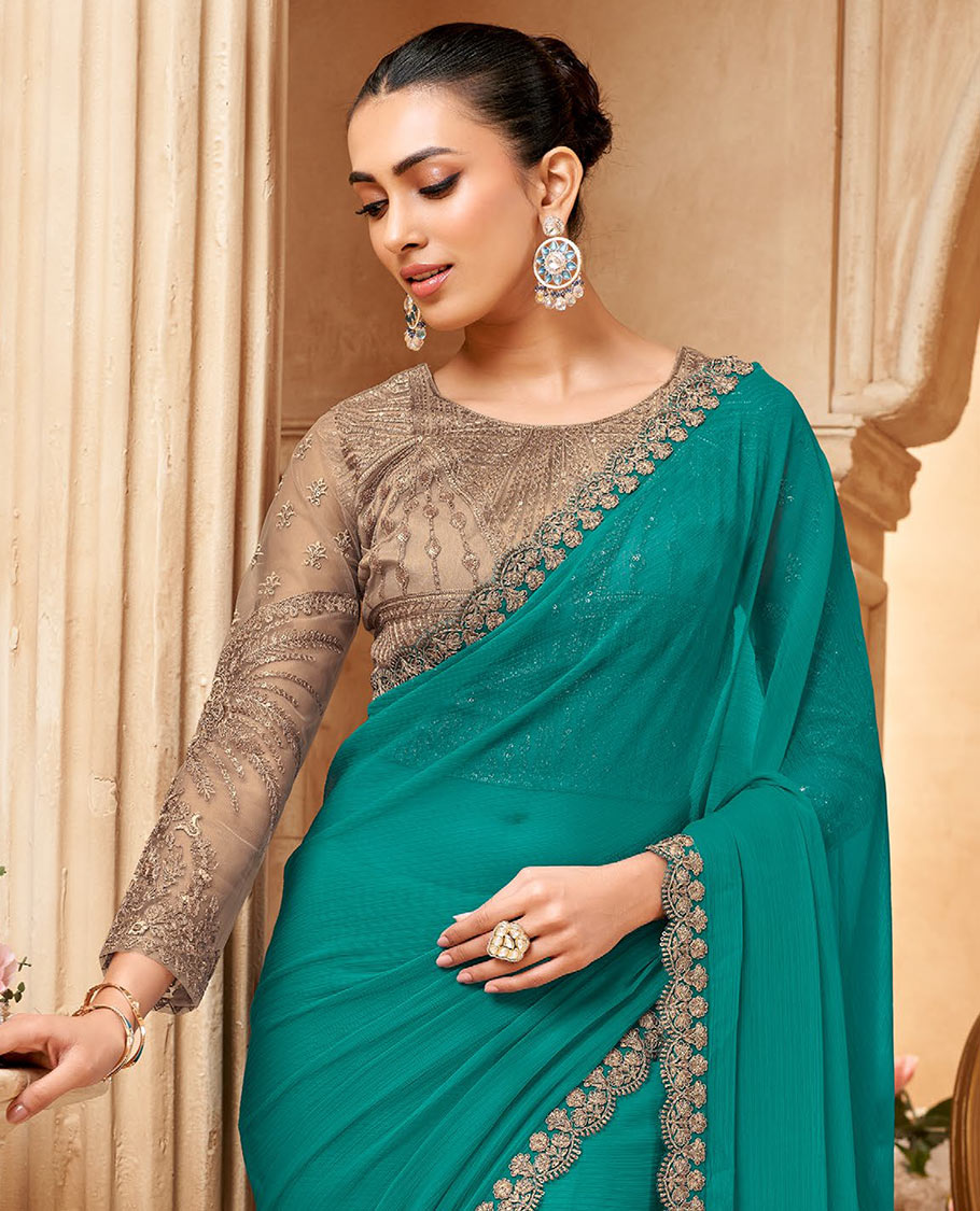 Blue plain designer saree, scallop embroidered border, and contrast embroidered blouse