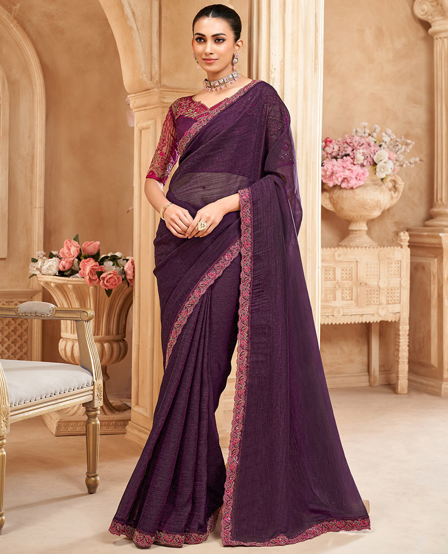 Purple crushed designer saree, contrast paisley scallop embroidered border, and contrast embroidered blouse
