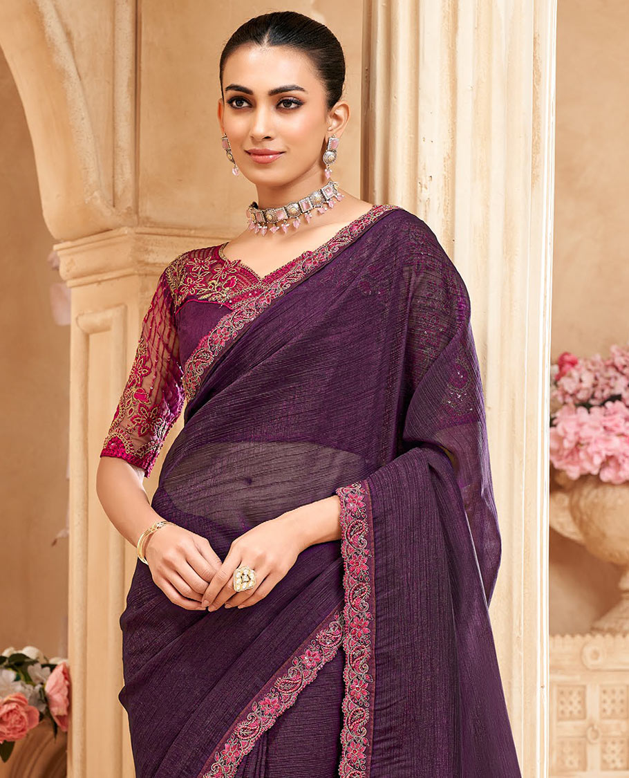 Purple crushed designer saree, contrast paisley scallop embroidered border, and contrast embroidered blouse