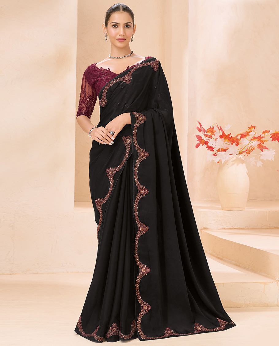 Black Plain Designer Saree, Scallop Embroidered Border, a Self-Pallu, and Paired with a Contrast Intricately Embroidered Blouse