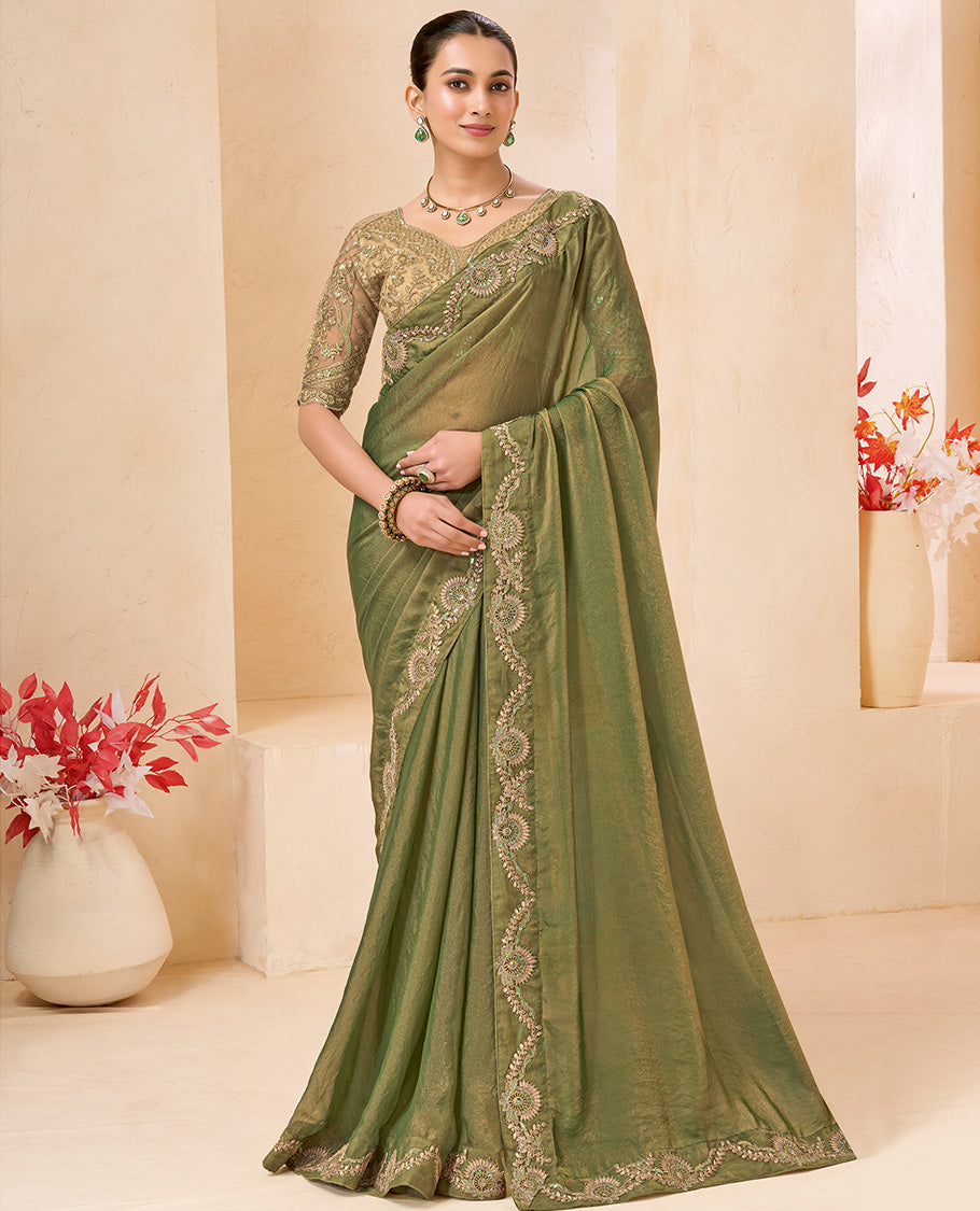 Green Plain Designer Saree, Scallop Embroidered Border, a Self-Pallu, and Paired with a Contrast Intricately Embroidered Blouse