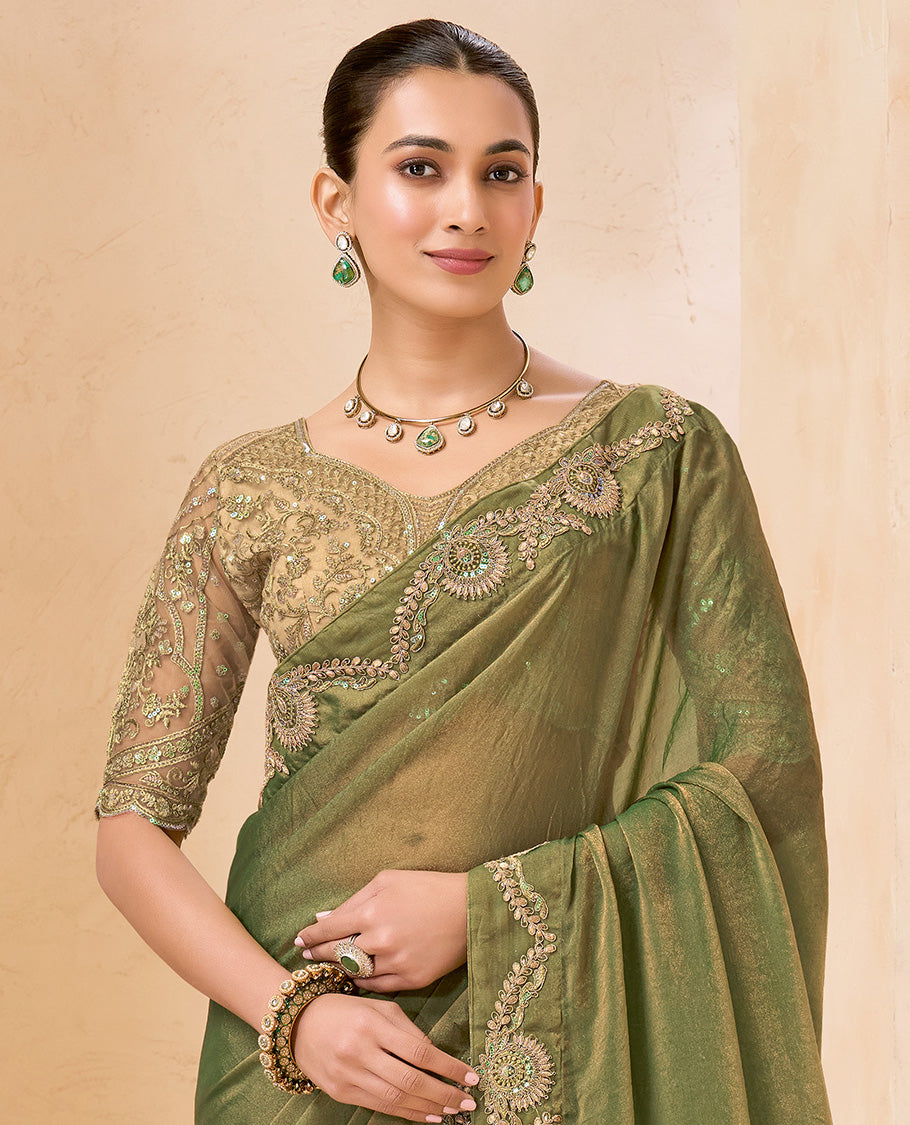 Green Plain Designer Saree, Scallop Embroidered Border, a Self-Pallu, and Paired with a Contrast Intricately Embroidered Blouse
