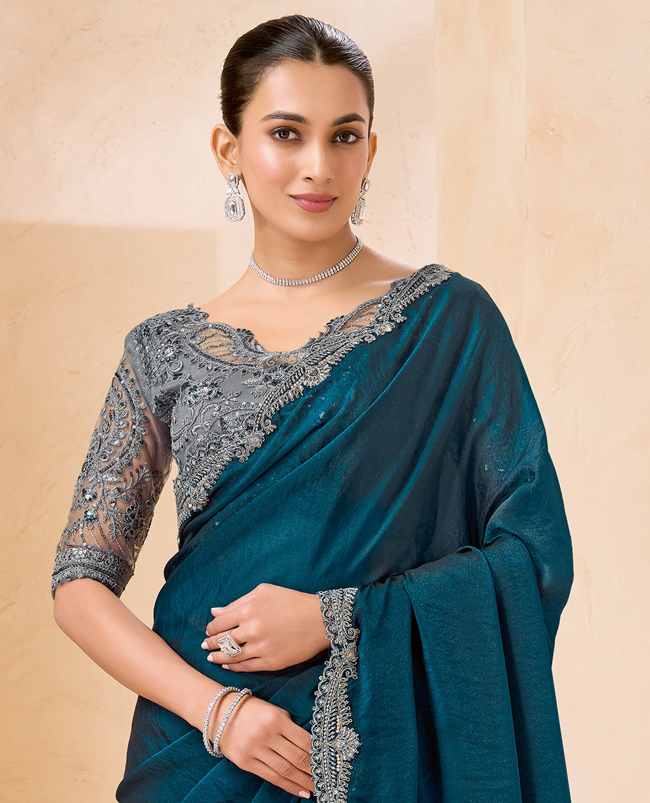 Blue Plain Designer Saree, Scallop Embroidered Border, a Self-Pallu, and Paired with a Contrast Intricately Embroidered Blouse