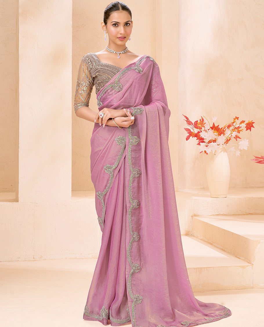 Pink Plain Designer Saree, Scallop Embroidered Border, a Self-Pallu, and Paired with a Contrast Intricately Embroidered Blouse