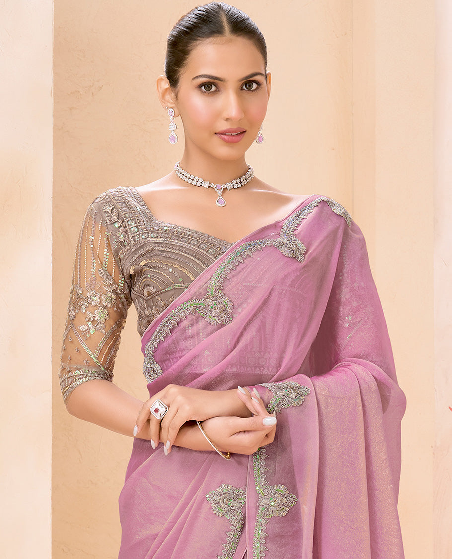 Pink Plain Designer Saree, Scallop Embroidered Border, a Self-Pallu, and Paired with a Contrast Intricately Embroidered Blouse