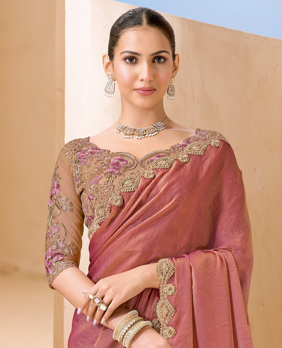 Pink Plain Designer Saree, Scallop Embroidered Border, a Self-Pallu, and Paired with a Contrast Intricately Embroidered Blouse