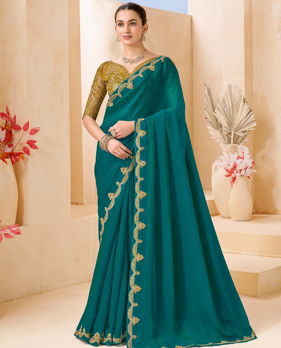 Rama Plain Designer Saree, Scallop Embroidered Border, a Self-Pallu, and Paired with a Contrast Intricately Embroidered Blouse