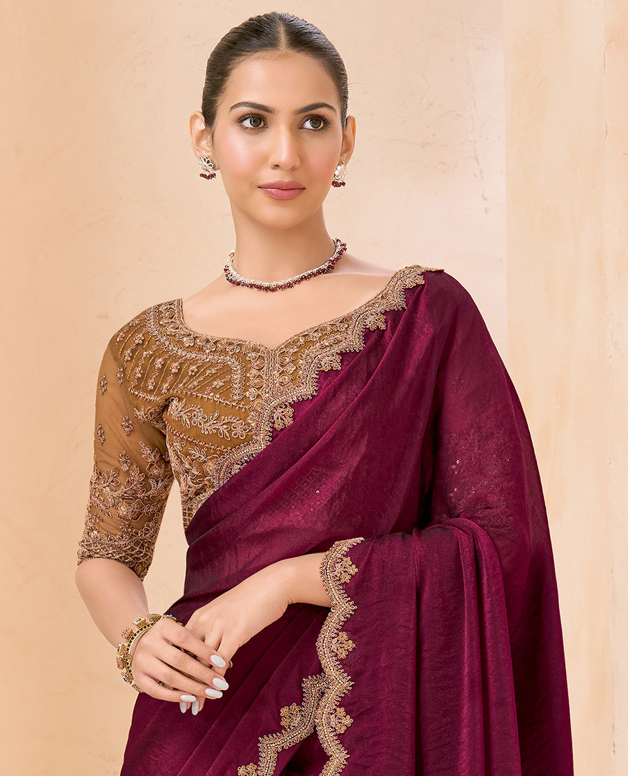 Wine Plain Designer Saree, Scallop Embroidered Border, a Self-Pallu, and Paired with a Contrast Intricately Embroidered Blouse