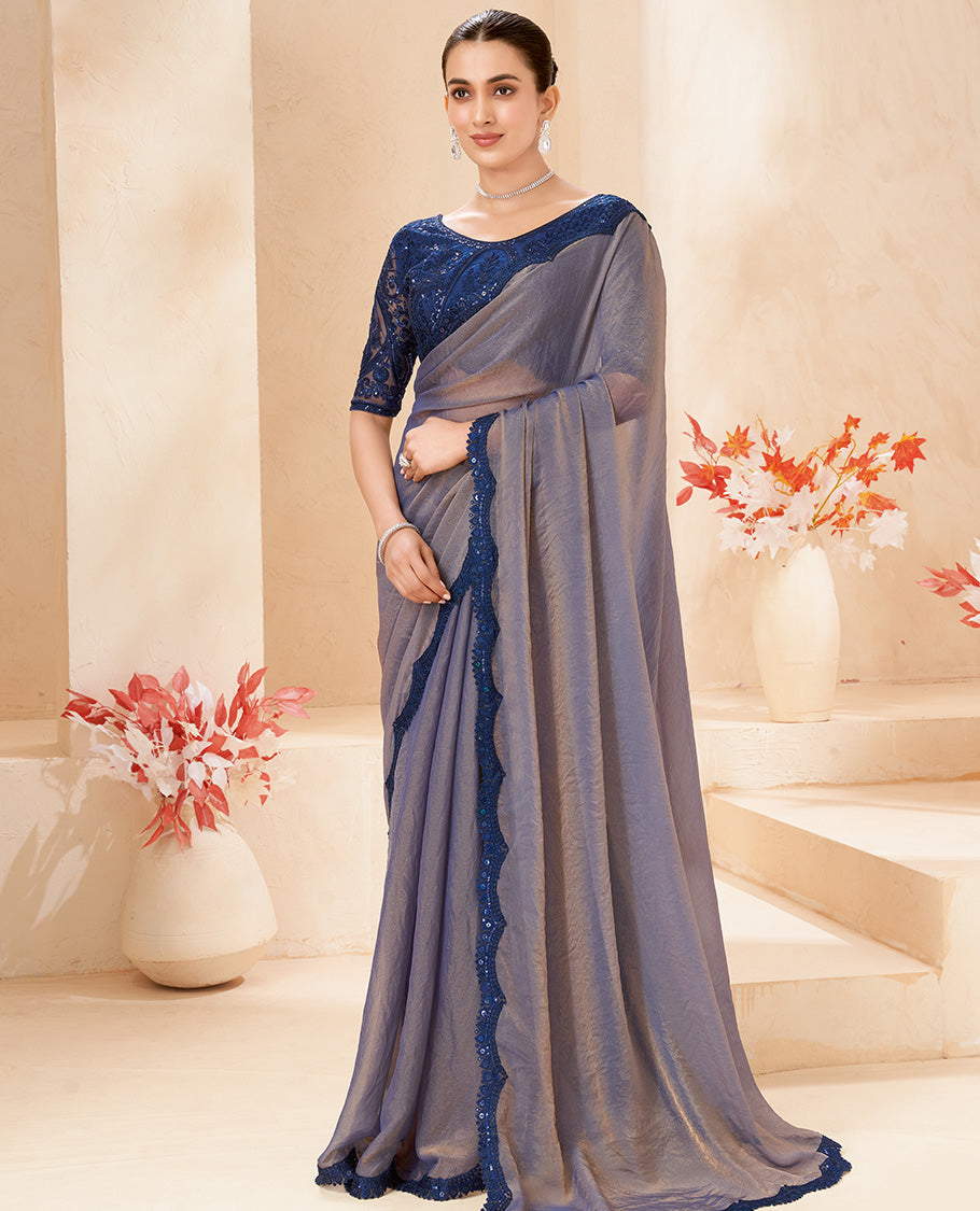 Grey Plain Designer Saree, Contrast Scallop Embroidered Border, a Self-Pallu, and Paired with a Contrast Intricately Embroidered Blouse