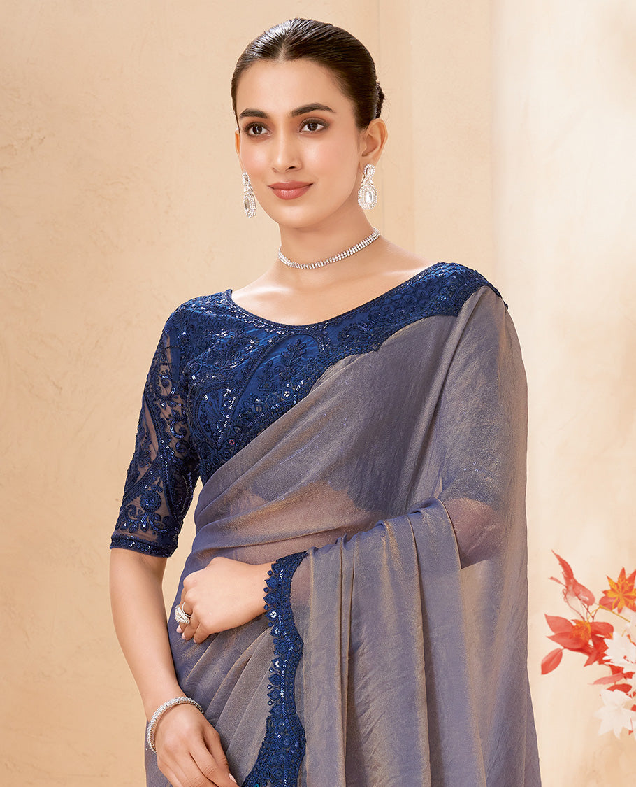 Grey Plain Designer Saree, Contrast Scallop Embroidered Border, a Self-Pallu, and Paired with a Contrast Intricately Embroidered Blouse