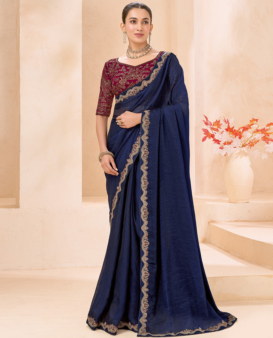 Navy Blue Plain Designer Saree, Scallop Embroidered Border, a Self-Pallu, and Paired with a Contrast Intricately Embroidered Blouse